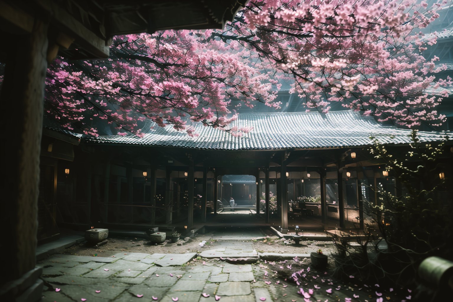 outdoors, tree, petals, no humans, cherry blossoms, building, scenery, lantern, branch, architecture, east asian architecture, pagoda8K,HDR,high resolution,(Masterpiece :1.3),(best quality :1.2),high quality,high detail,