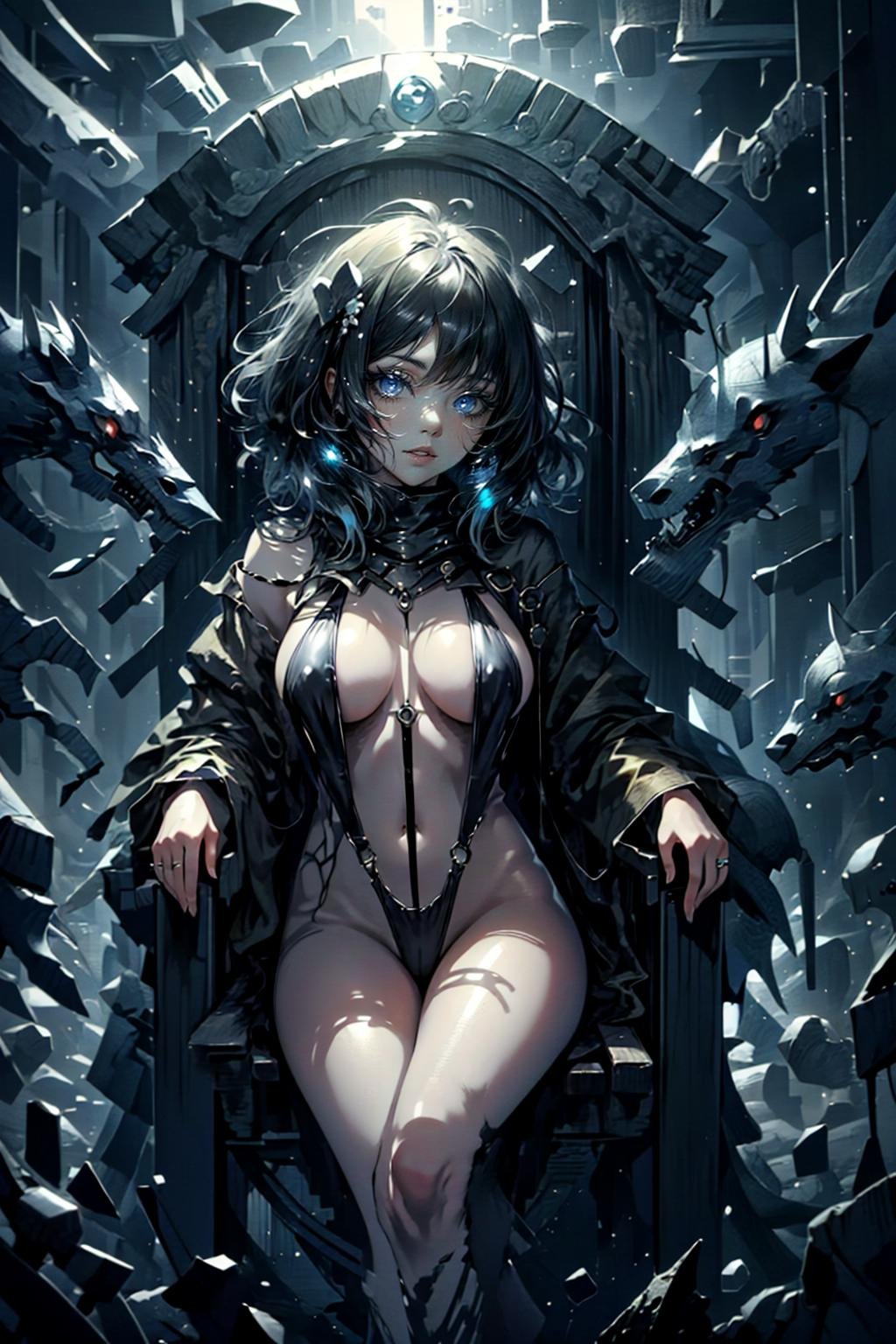 1girl,large breasts,short hair,blue eyes,black hair,sitting,throne,<lora:Hellasthetic-v2>,<lora:The Glow:1.3>,<lora:OringSlingShotV1:0.8>, slingshot swimsuit,o-ring,