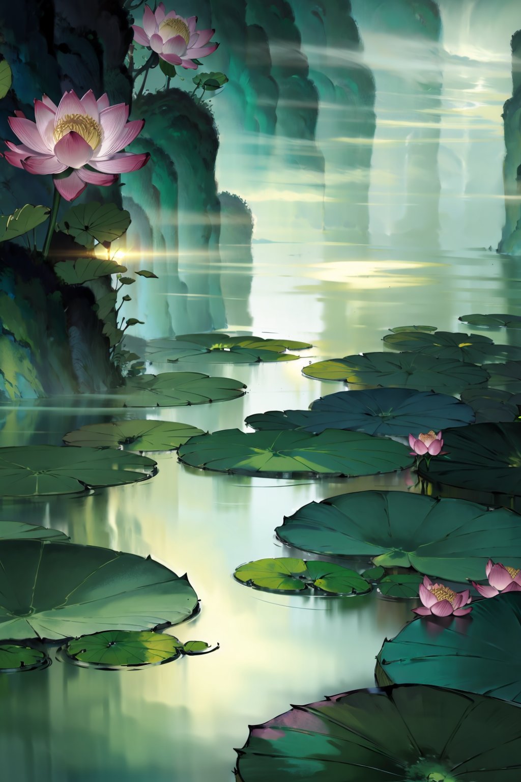 (masterpiece:1.3),best quality,highres,extremely detailed CG,perfect lighting,8k wallpaper,,floating lanterns, moonlight, serene atmosphere, misty surroundings, soft glow, incense fragrance, floating lotus petals