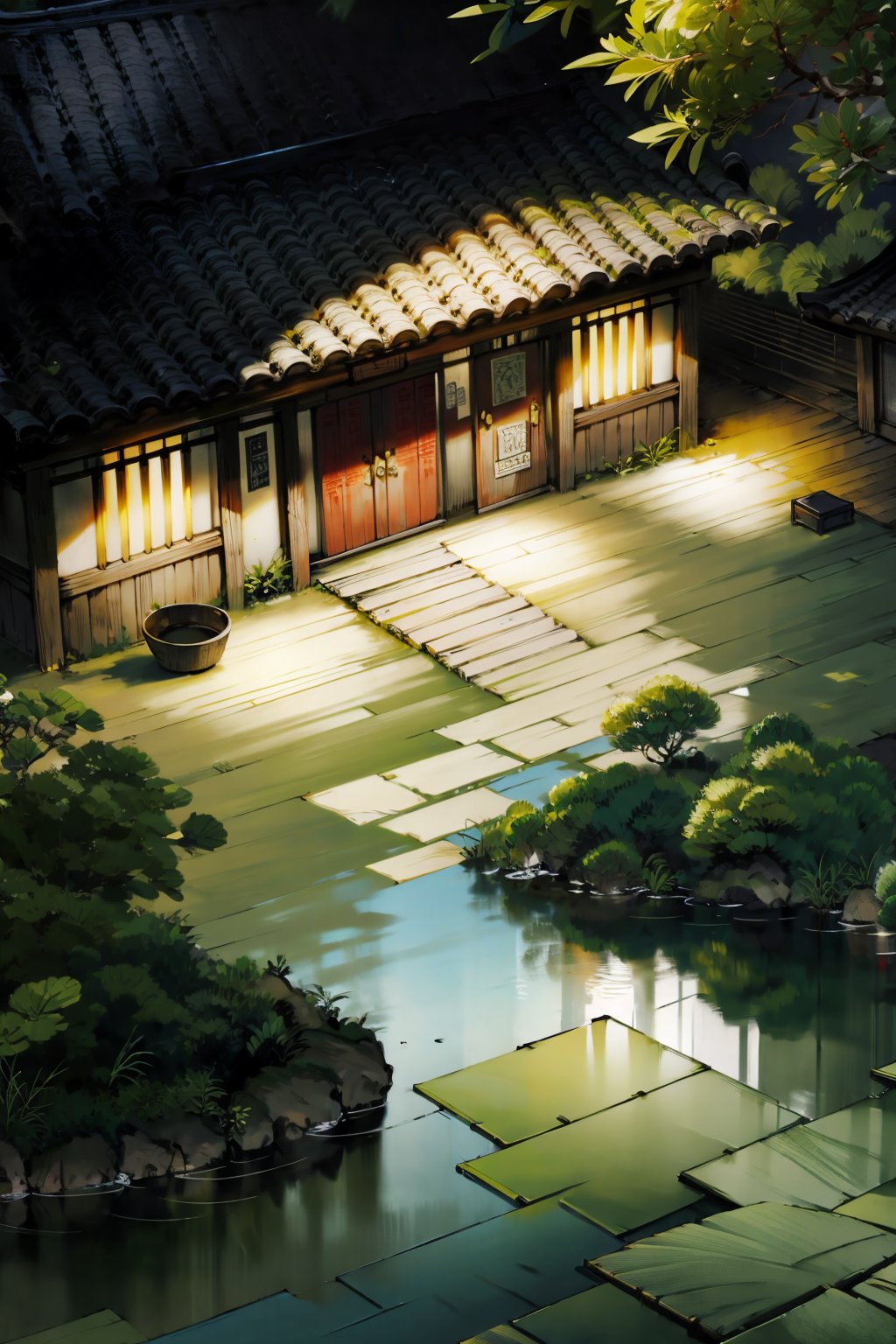 (masterpiece:1.3),best quality,highres,extremely detailed CG,perfect lighting,8k wallpaper,,traditional courtyard, red lanterns, stone sculptures, bamboo fence, lotus pond, dragon motif, pagoda roof, winding path, bonsai tree, calligraphy, tea ceremony, incense smoke