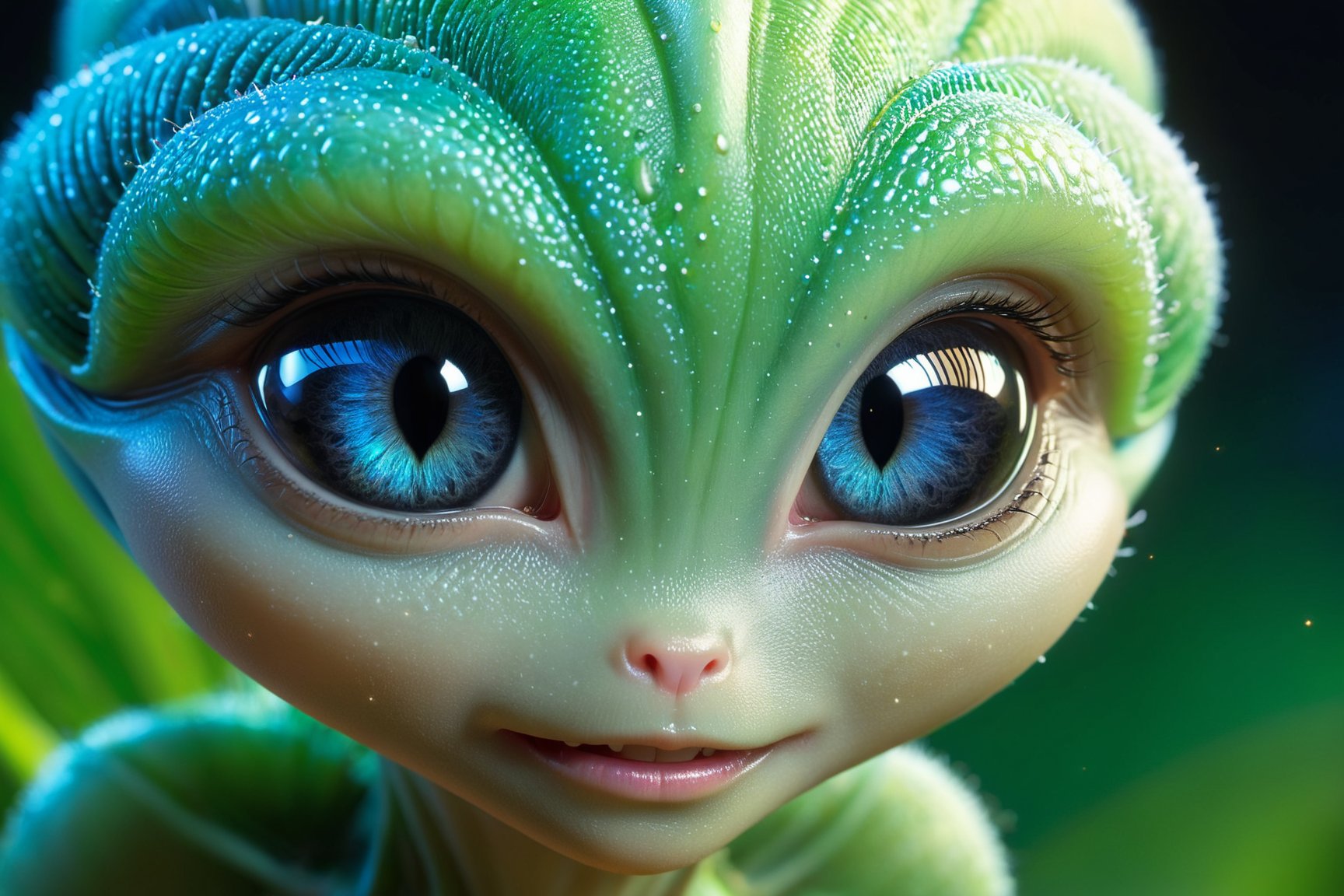 Cute creature from Space. terraforming. Alien Flora, Miki Asai Macro photography, close-up, hyper detailed, trending on artstation, sharp focus, studio photo, intricate details, highly detailed, by greg rutkowski detailed face, detailed skin 
