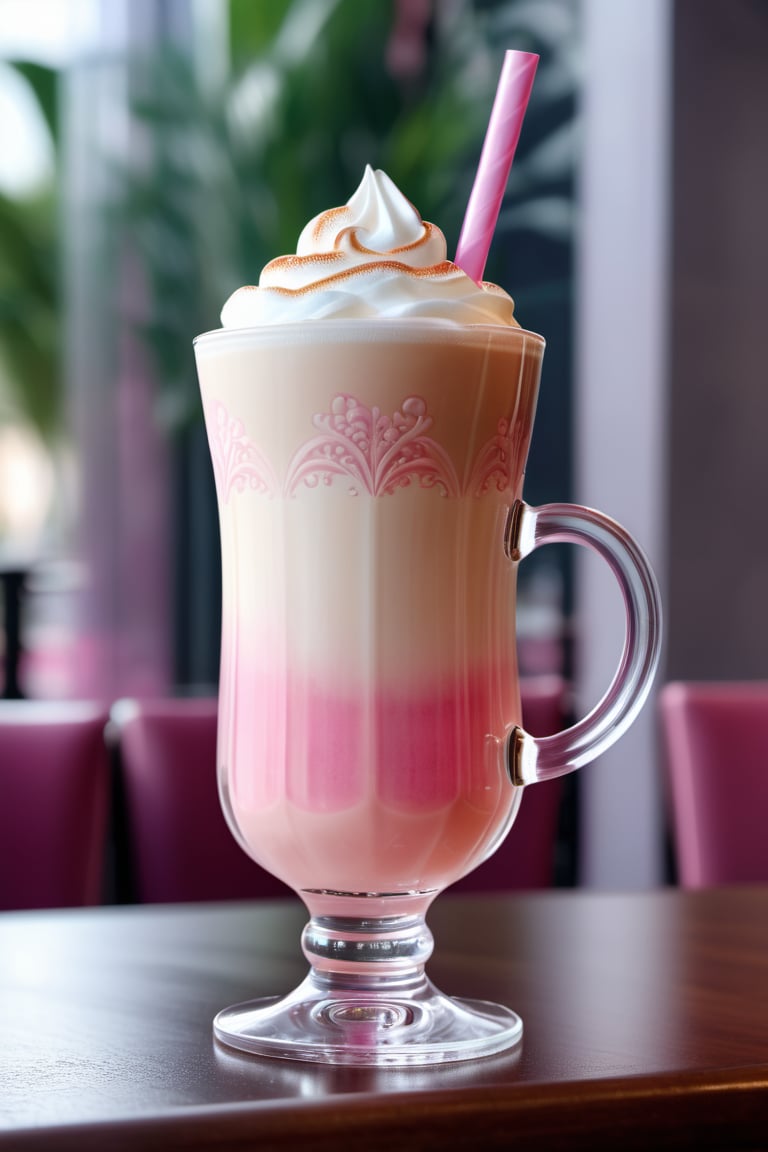 a magical fairy latte, in a transparent pink-tinted glass, high quality, inside of a fairy cafe, 8k, concept art, elegant 
