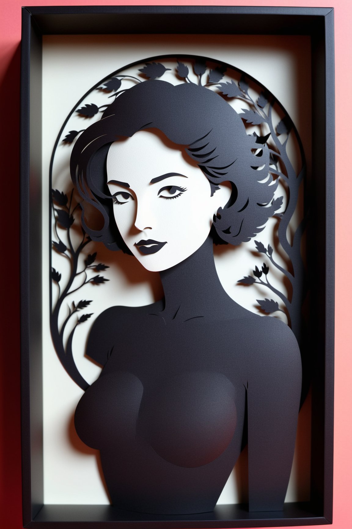 3D papercut shadow box of a woman, layered, dimensional, depth, silhouette, shadow, papercut, handmade, high contrast