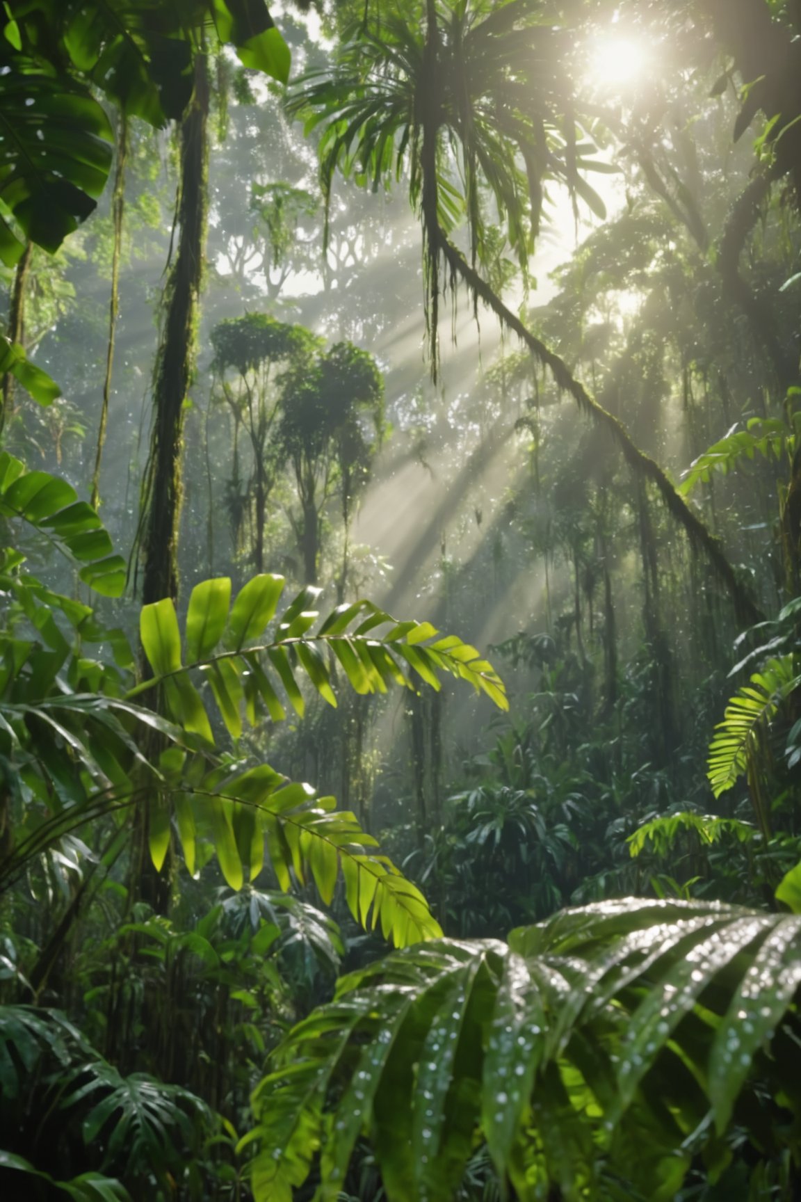 A dense rainforest canopy where sunlight pierces through, highlighting the dew-covered leaves that gleam in shades of green, capturing the intricate details and varying contrasts of a thriving jungle, 8K.