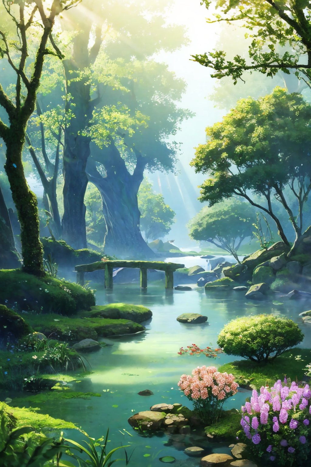 flower, outdoors, day, water, tree, no humans, sunlight, grass, plant, white flower, nature, scenery, forest, light rays, rock, dappled sunlight, moss, pond, 8K,HDR,high resolution,(Masterpiece :1.3),(best quality :1.2),high quality,high detail,blurry background,