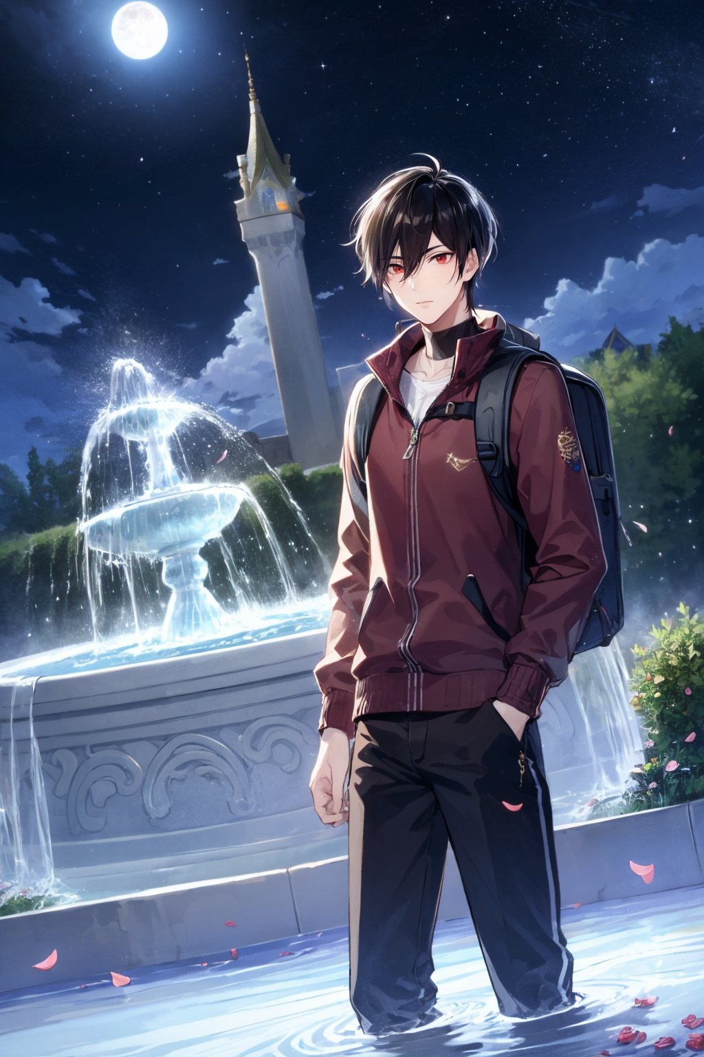 solo, looking at viewer, short hair, black hair, red eyes, long sleeves, 1boy, hair between eyes, closed mouth, standing, jacket, flower, male focus, outdoors, sky, pants, water, bag, petals, night, black pants, moon, backpack, star (sky), night sky, full moon, starry sky, hand in pocket, tower, fountain, 8K,HDR,high resolution,(Masterpiece :1.3),(best quality :1.2),high quality,high detail,blurry background,