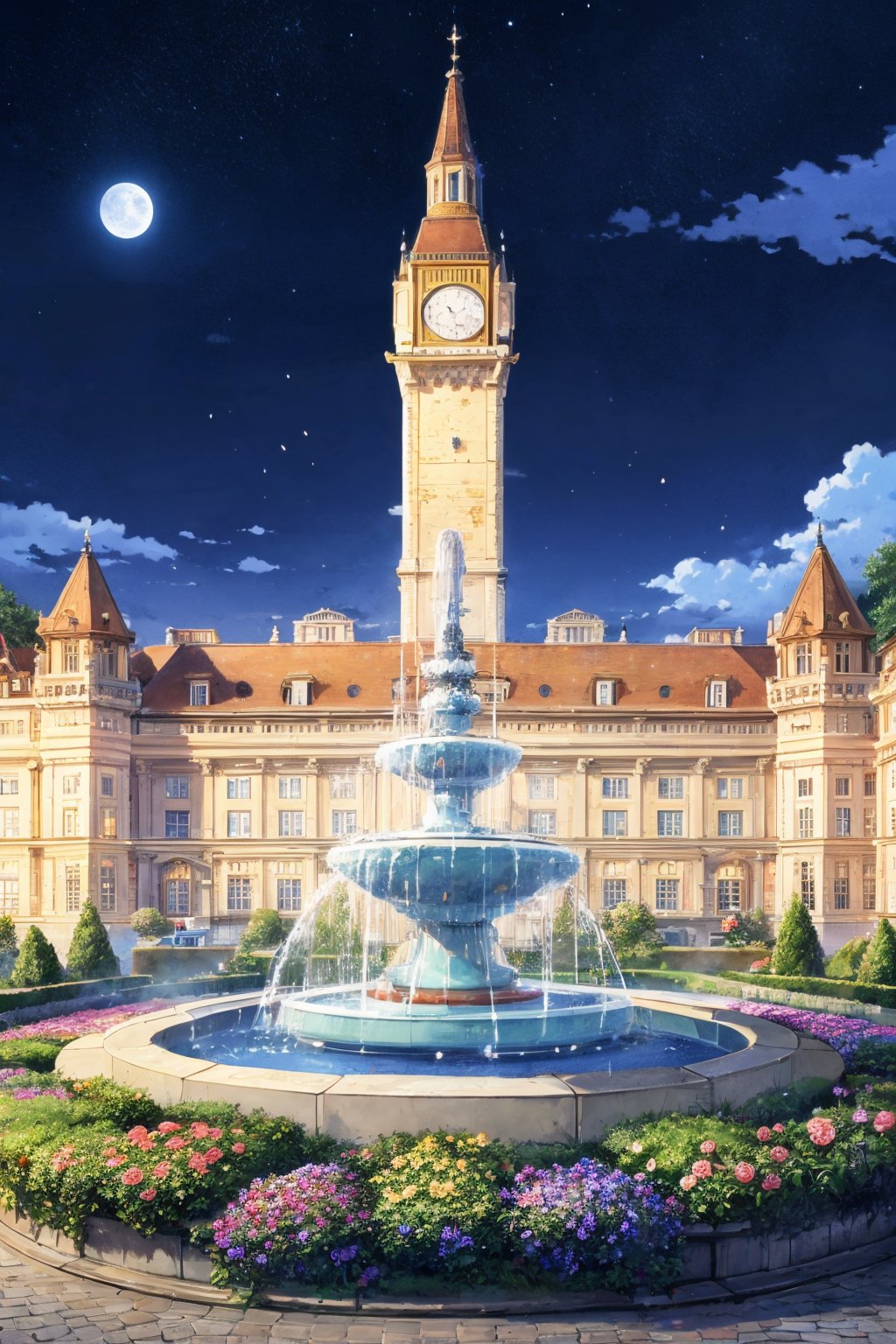 flower, outdoors, sky, cloud, water, tree, no humans, night, moon, building, star (sky), night sky, scenery, full moon, starry sky, clock, castle, tower, clock tower, fountain, 8K,HDR,high resolution,(Masterpiece :1.3),(best quality :1.2),high quality,high detail,blurry background,