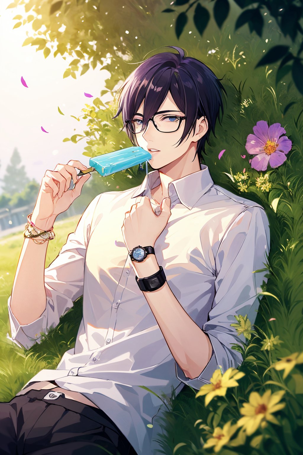 1boy, male focus, watch, solo, wristwatch, flower, shirt, outdoors, food, black pants, pants, grass, short hair, glasses, lying, on back, white shirt, purple hair, holding, tree, blue eyes, bangs, purple flower, petals, day, popsicle, parted lips, sunlight, sky, jewelry, holding food, bracelet, hair between eyes, leaf, 8K,HDR,high resolution,(Masterpiece :1.3),(best quality :1.2),high quality,high detail,blurry background,