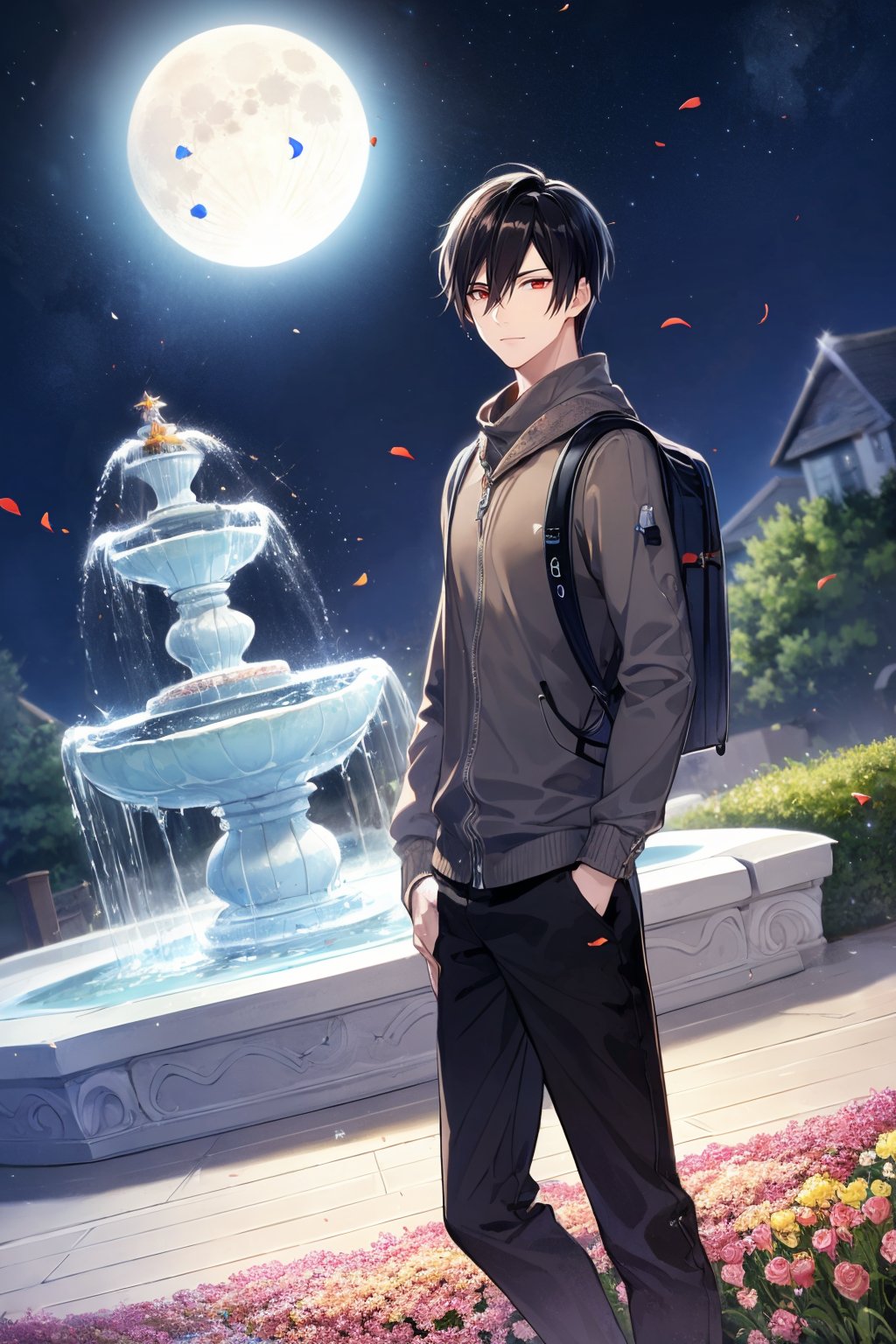 solo,looking at viewer,short hair,black hair,red eyes,long sleeves,1boy,hair between eyes,closed mouth,standing,jacket,flower,male focus,outdoors,sky,pants,water,bag,petals,night,black pants,moon,backpack,star (sky),night sky,full moon,starry sky,hand in pocket,tower,fountain,, 8K,HDR,high resolution,(Masterpiece :1.3),(best quality :1.2),high quality,high detail,blurry background,