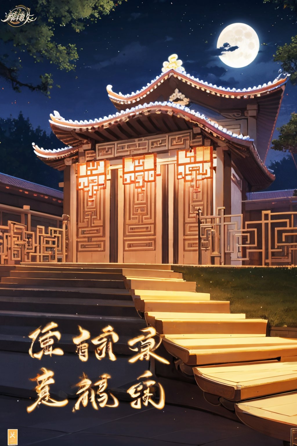 outdoors, sky, cloud, tree, no humans, night, moon, building, star (sky), night sky, scenery, full moon, lantern, chinese text, architecture, east asian architecture, 8K,HDR,high resolution,(Masterpiece :1.3),(best quality :1.2),high quality,high detail,blurry background,