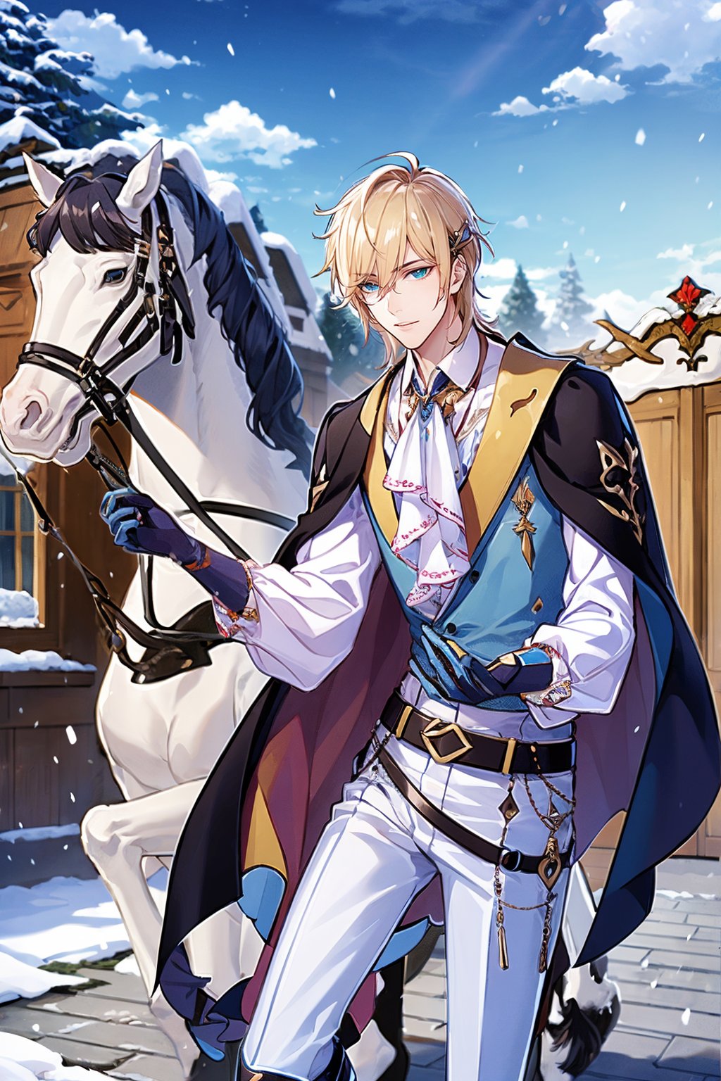 solo, looking at viewer, blue eyes, blonde hair, gloves, 1boy, green eyes, standing, male focus, boots, outdoors, sky, day, belt, pants, cloud, cape, ascot, chain, snow, white pants, horse, 8K,HDR,high resolution,(Masterpiece :1.3),(best quality :1.2),high quality,high detail,blurry background,