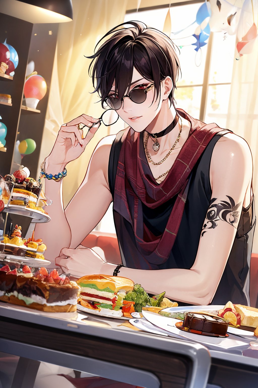 solo, looking at viewer, short hair, black hair, red eyes, 1boy, hair between eyes, jewelry, male focus, food, sleeveless, choker, hand up, necklace, scarf, bracelet, plaid, sash, tattoo, black choker, sunglasses, >_<, cake, beads, adjusting eyewear, arm tattoo, balloon, bead bracelet, 8K,HDR,high resolution,(Masterpiece :1.3),(best quality :1.2),high quality,high detail,blurry background,