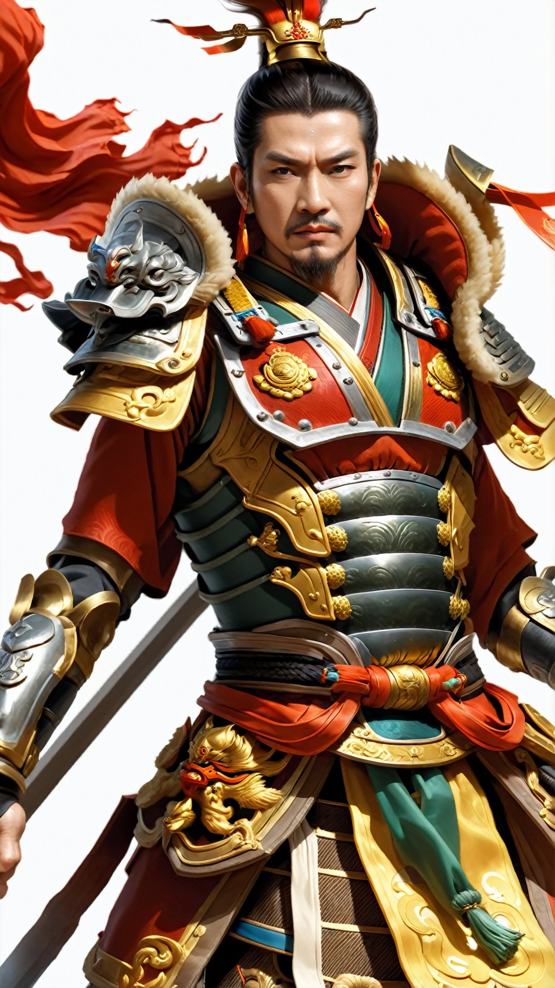 (Ancient military general style) game cg (hyper-realistic thick strokes: 1.5) (special perspective: 1.5) (ancient Chinese style color) A general with a trapezoidal face, wearing armor, holding a sword, commanding the army. Through the effect of perspective, his eyes are firm and resolute, and most of the picture shows the majesty and determination of his general.