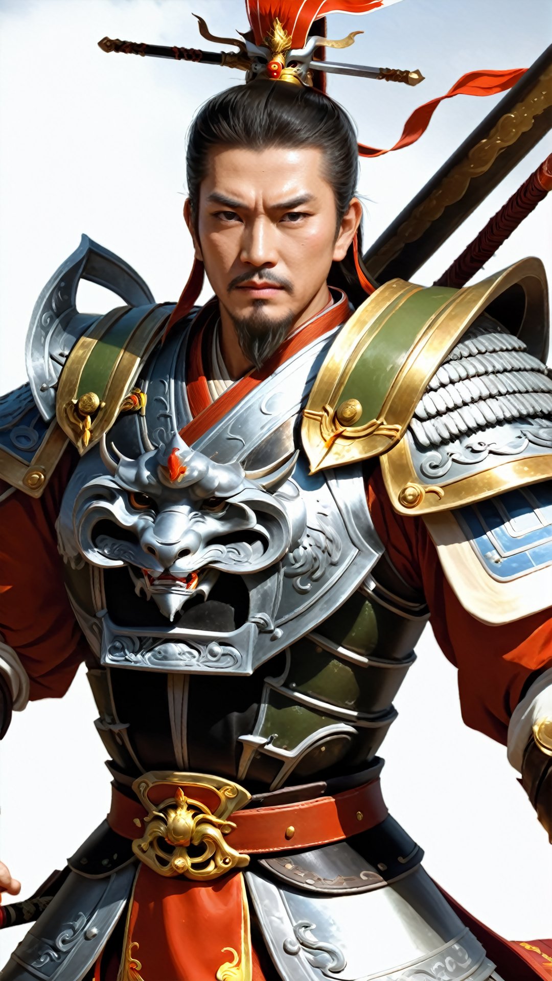 (Ancient military general style) game cg (hyper-realistic thick strokes: 1.5) (special perspective: 1.5) (ancient Chinese style color) A general with a trapezoidal face, wearing armor, holding a sword, commanding the army. Through the effect of perspective, his eyes are firm and resolute, and most of the picture shows the majesty and determination of his general.