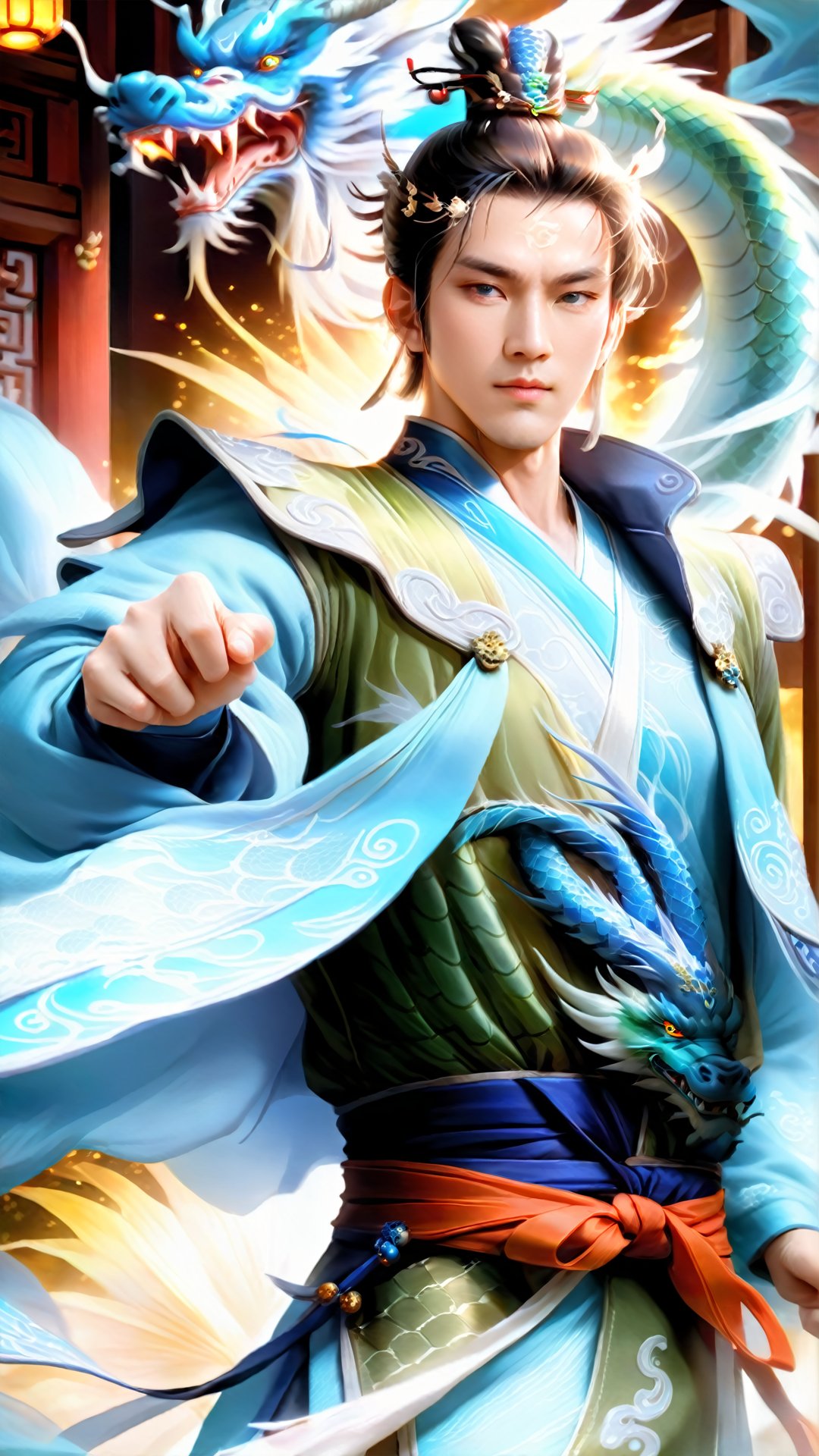 (Ancient military commander style) game cg (hyperrealistic thick brush strokes: 1.5) (special perspective: 1.5) (ancient Chinese style color) The martial arts face presents a melon-shaped face, and the delicate facial features are filled with youthful atmosphere. He was wearing a light blue cloud-patterned shirt, with hidden blue dragon patterns extending from the collar to his waist, complementing his clear and bright eyes. The delicate dragon patterns on the clothing complement the delicate beauty of the face, showing a fairy-like style.