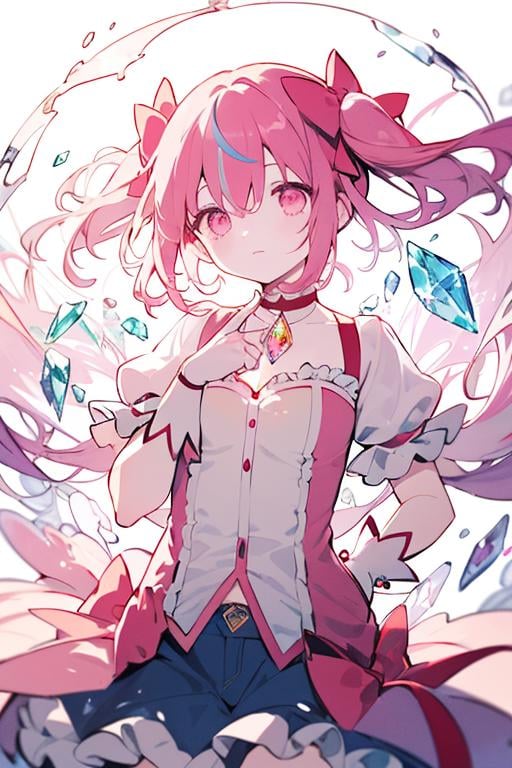 magical girl,kaname madoka,masterpiece,best quality,ultra highres,Sharpen,1girl,solo,shirt,middle finger,long hair,denim miniskirt,flower,t-shirt,red shirt,hands in pocket,(streaked hair:1.4),wavy hair,pink hair,navel,white background,<lora:lbc_xiaoyuan:0.6>,BREAK(((crystals texture Hair))),((beautiful detailed glass hair)),((glass shaped texture hand)),((crystallize texture body)),gem body,hands as clear as jewels,crystallization of clothes,((crystals texture skin)),sparkle,lens flare,light leaks,broken glass,detailed glass shaped clothes,beautiful detailed gemstone sky,gemstone sea,crystals texture flowers,((detailed crystallized clothing)),