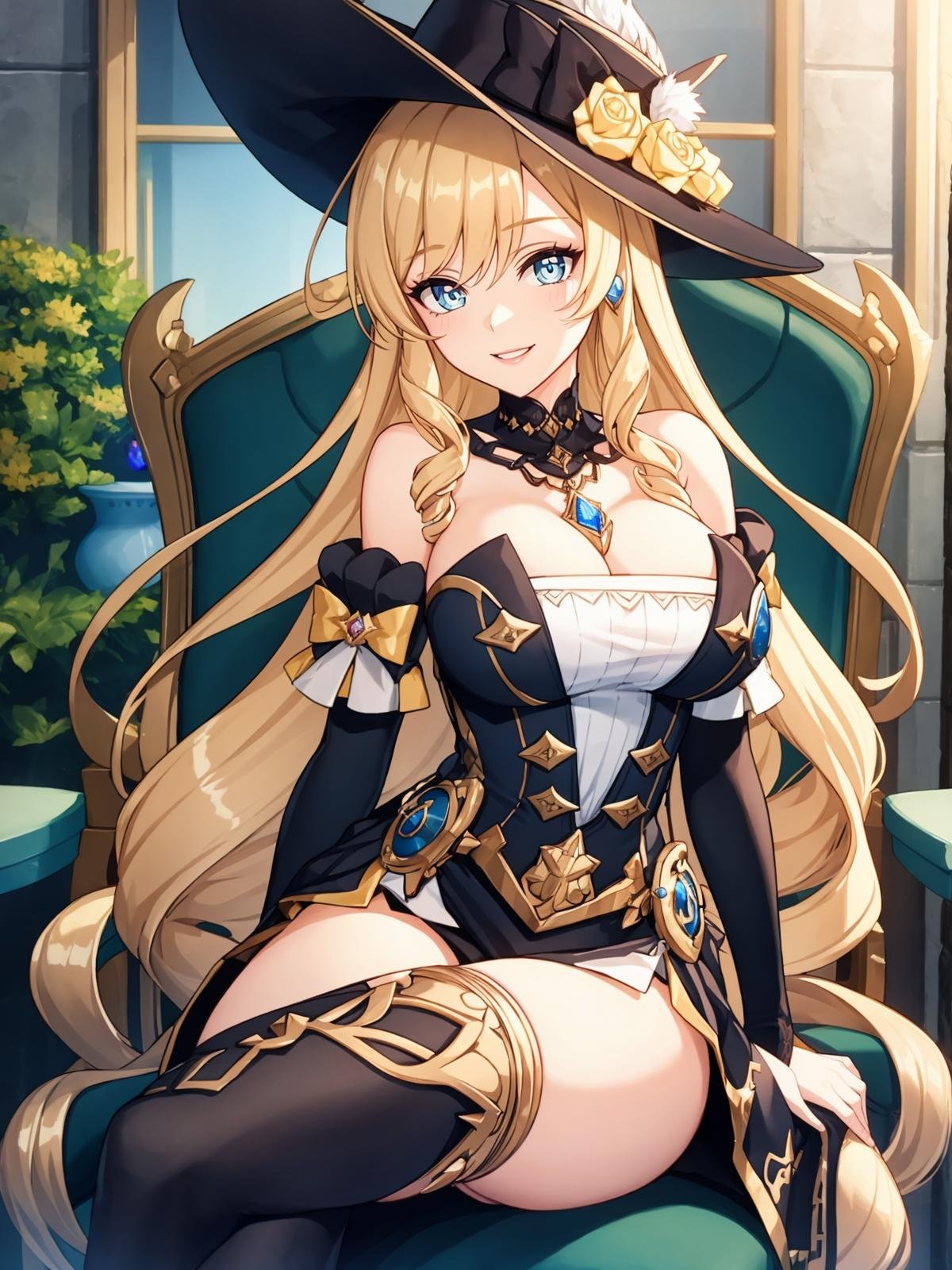 (extremely detailed CG), (best quality), 1girl, perfect face, bright pupils, (finely detailed beautiful eyes), wide hips, narrow waist, NaviaGenshin, very long hair, large breasts,hat, bare shoulders, dress, jewelry, detached sleeves, gem, elbow gloves, thighhighs, thigh boots, garden, sitting, on chair, crossed legs,  smile,  <lora:NaviaGenshin:0.5>