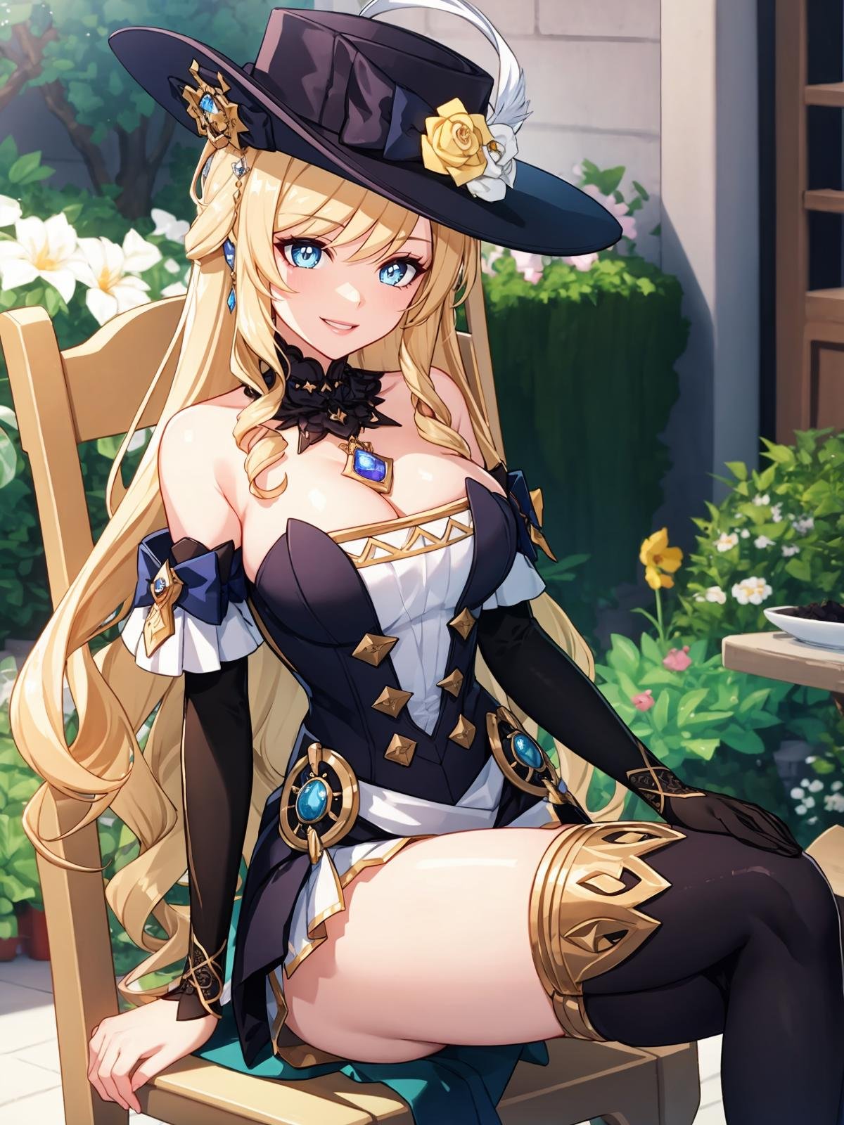 (extremely detailed CG), (best quality), 1girl, perfect face, bright pupils, (finely detailed beautiful eyes), wide hips, narrow waist, NaviaGenshin, very long hair, large breasts,hat, bare shoulders, dress, jewelry, detached sleeves, gem, elbow gloves, thighhighs, thigh boots, garden, sitting, on chair, crossed legs,  smile,  <lora:NaviaGenshin:0.5>