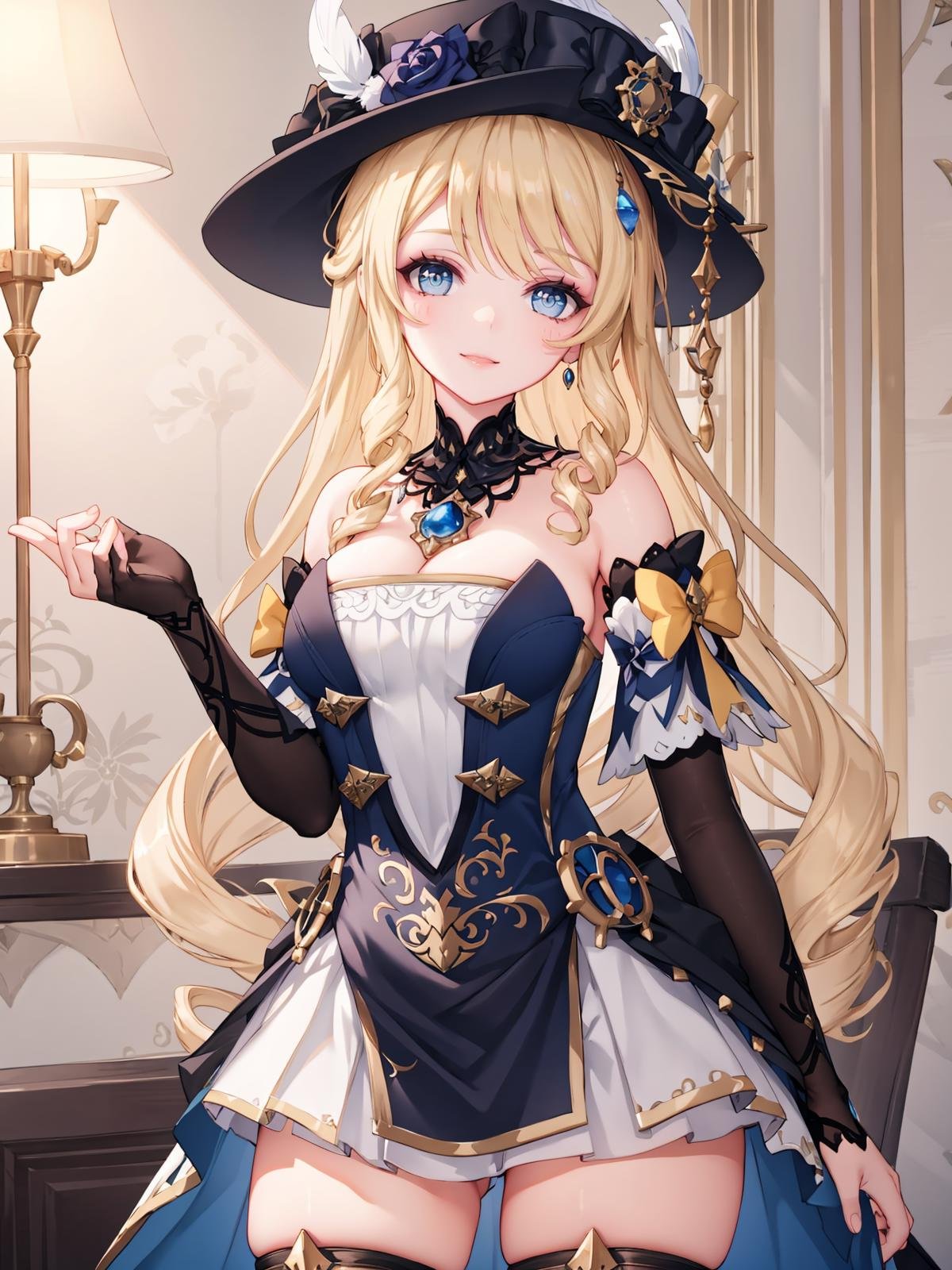 (extremely detailed CG), (best quality), 1girl, perfect face, bright pupils, (finely detailed beautiful eyes), shiny skin, lustrous skin, wide hips, narrow waist, dress, hat, hat flower, hat feather, blue eyes, drill hair, bangs, jewelry, flower, gloves, detached sleeves, detached sleeves, elbow gloves, hat feather, thighhighs, thigh boots, cowboy shot, mansion, velvet room, Light lamp, light smile, <lora:NaviaGenshin:0.65>