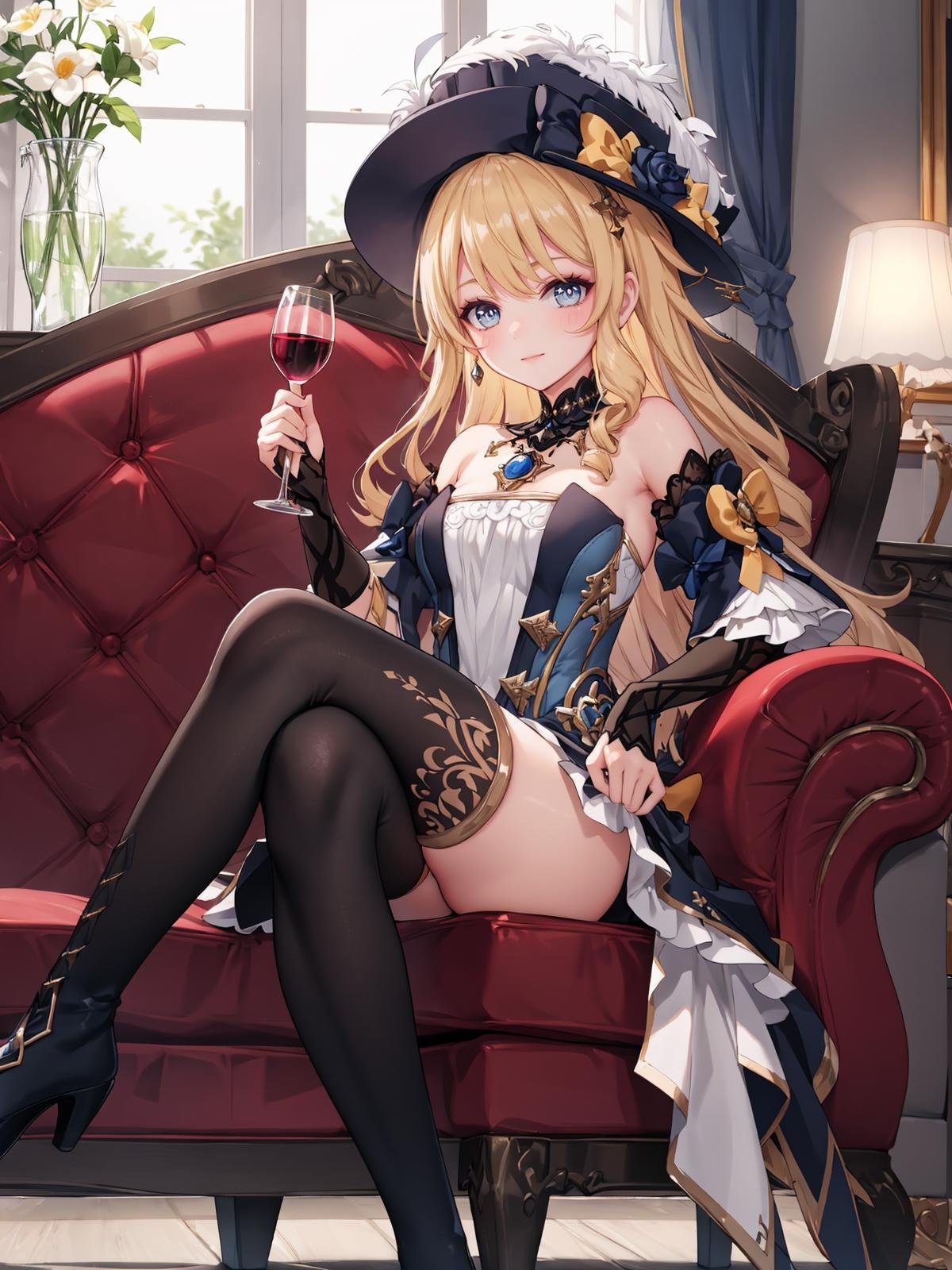 (extremely detailed CG), (best quality), 1girl, perfect face, bright pupils, (finely detailed beautiful eyes), shiny skin, lustrous skin, wide hips, narrow waist, dress, hat, hat flower, hat feather, blue eyes, drill hair, bangs, jewelry, flower, gloves, detached sleeves, detached sleeves, elbow gloves, hat feather, thighhighs, thigh boots, cowboy shot, mansion, velvet room, Light lamp, light smile, on couch, wine bottle, wine glass, crossed legs, night, window, full body, depth of field,  <lora:NaviaGenshin:0.65>