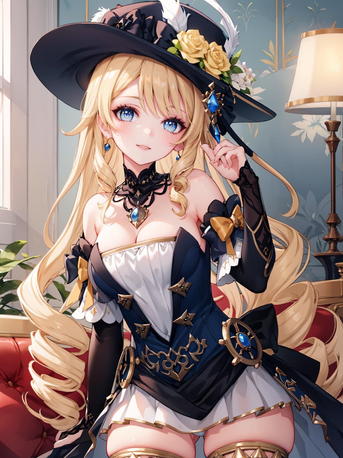 (extremely detailed CG), (best quality), 1girl, perfect face, bright pupils, (finely detailed beautiful eyes), shiny skin, lustrous skin, wide hips, narrow waist, dress, hat, hat flower, hat feather, blue eyes, drill hair, bangs, jewelry, flower, gloves, detached sleeves, detached sleeves, elbow gloves, hat feather, thighhighs, thigh boots, cowboy shot, mansion, velvet room, Light lamp, light smile, <lora:NaviaGenshin:0.65>