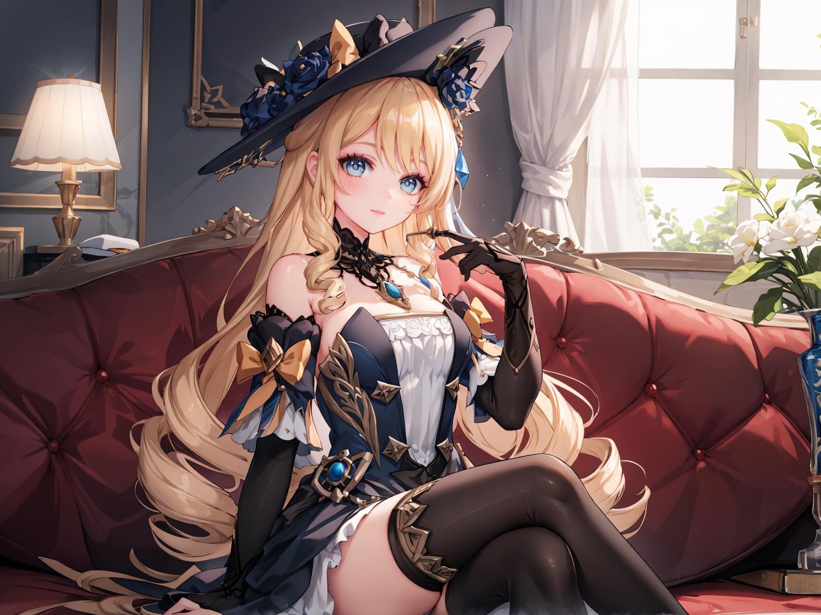 (extremely detailed CG), (best quality), 1girl, perfect face, bright pupils, (finely detailed beautiful eyes), shiny skin, lustrous skin, wide hips, narrow waist, dress, hat, hat flower, hat feather, blue eyes, drill hair, bangs, jewelry, flower, gloves, detached sleeves, detached sleeves, elbow gloves, hat feather, thighhighs, thigh boots, cowboy shot, mansion, velvet room, Light lamp, light smile, on couch, wine bottle, wine glass, crossed legs, night, window, full body, depth of field,  <lora:NaviaGenshin:0.65>