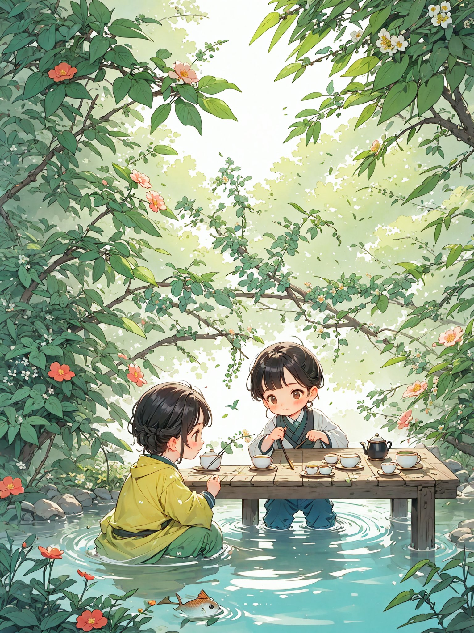 A cozy and warm picture of an old house in my hometown, leisure time, grape trellis, small table, tea set, busy repairing trees and flowers, a flower covered path, a clear stream, fish swimming in the water, a little boy wearing willow trees in the afternoon, and a little girl with braids, holding hands and looking at the flowers and plants not far away with clear eyes,