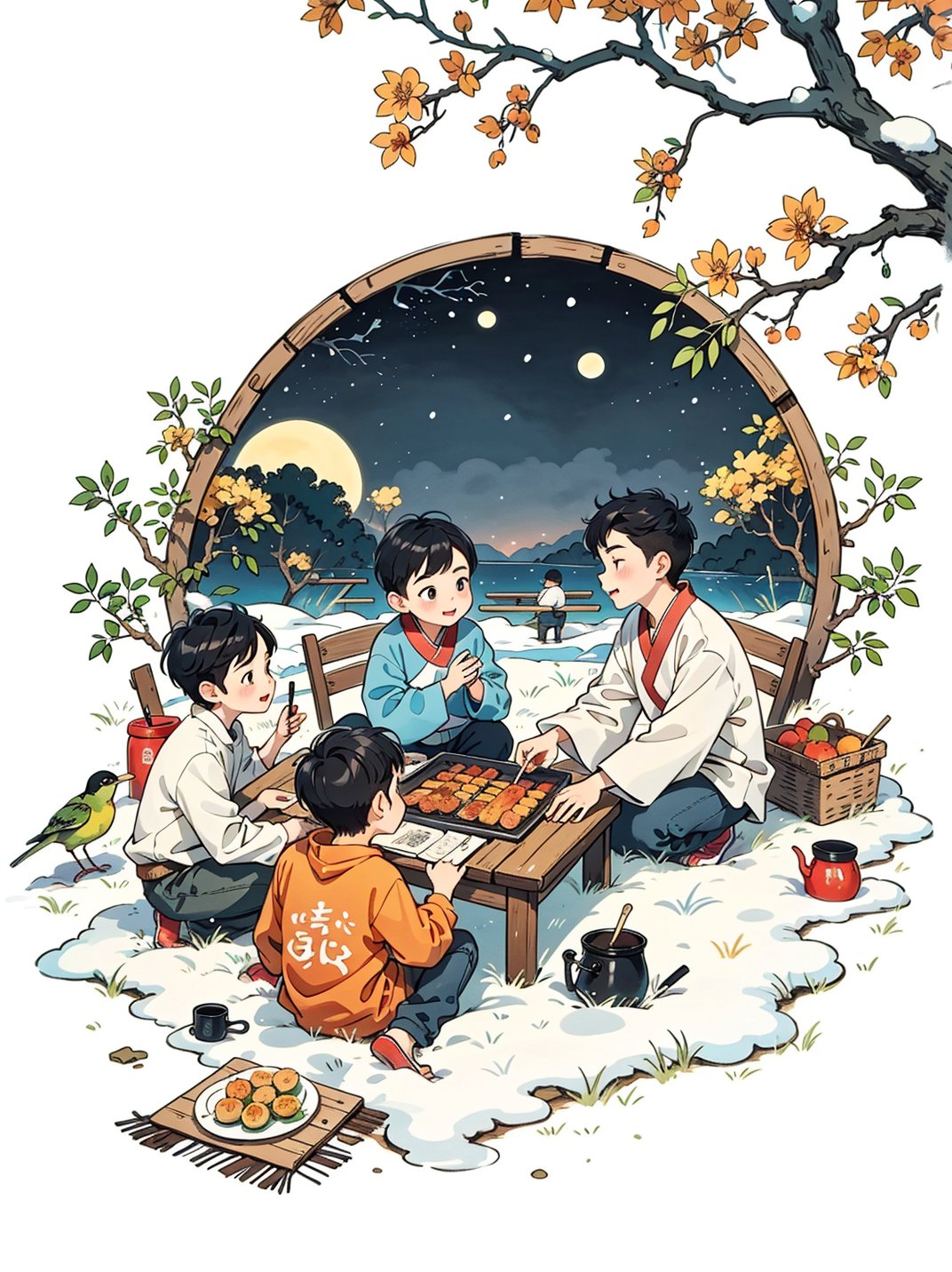 (5 boys watching and playing with each other),whole body (Laurie:1.2),camping,picnicking,barbecue,barbecue,winter,snow,night,children's illustrations,masterpiece,best quality,<lora:古风插画LORA:0.9>,, A ink painting of a tranquil orchard with Chinese writing on it and a pair of birds building their nest, with a fruit-laden branch in the foreground, An Zhengwen, organic painting, a minimalist painting, art & language, ink and wash,