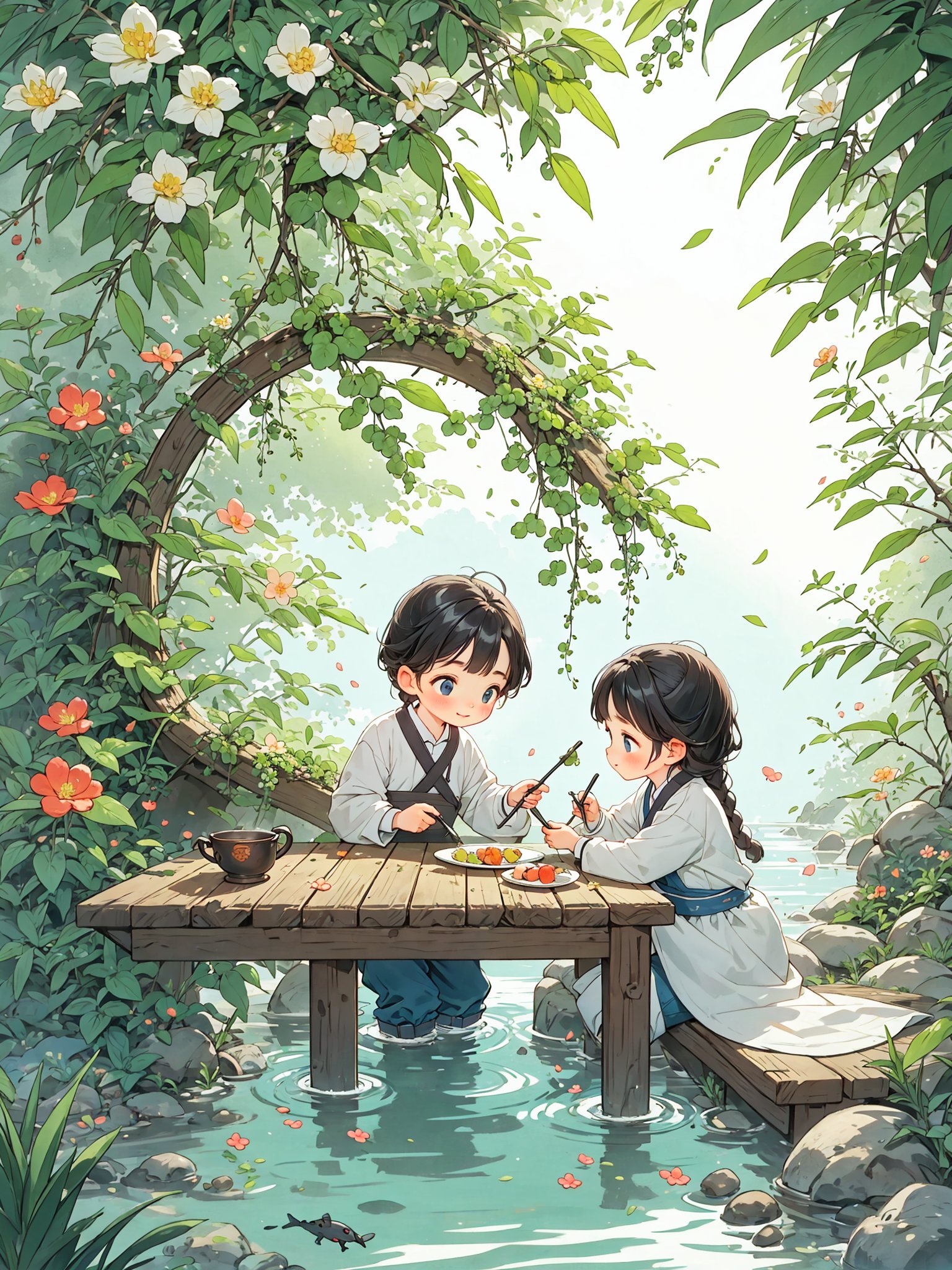 A cozy and warm picture of an old house in my hometown, leisure time, grape trellis, small table, tea set, busy repairing trees and flowers, a flower covered path, a clear stream, fish swimming in the water, a little boy wearing willow trees in the afternoon, and a little girl with braids, holding hands and looking at the flowers and plants not far away with clear eyes,