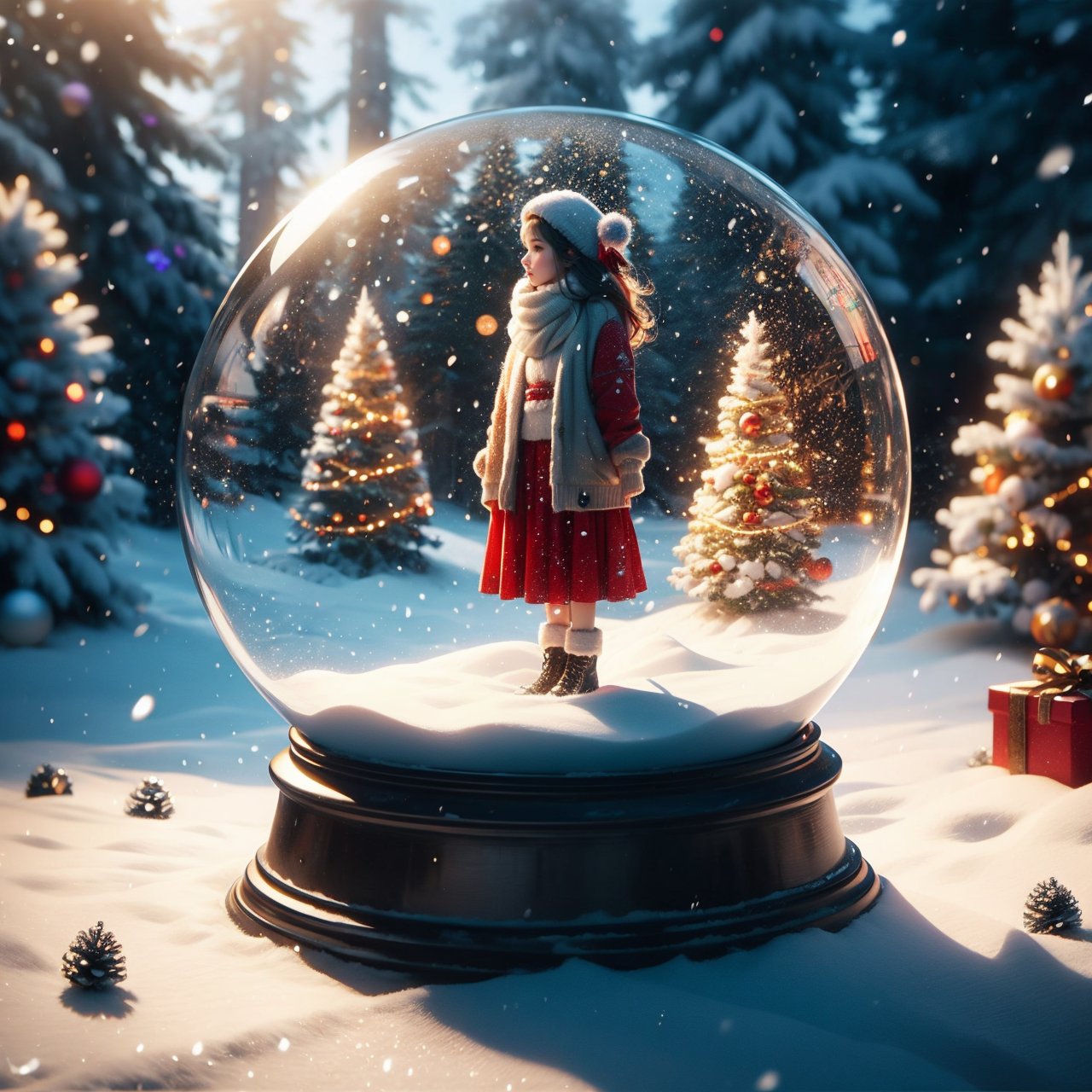  best quality, hight detailed, ultra realistic,  nature, Snow Globe, Christmas style, 1 girl standing,