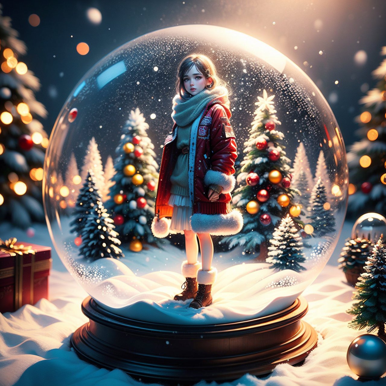  best quality, hight detailed, ultra realistic,  nature, Snow Globe, Christmas style, 1 girl standing, look at viewer