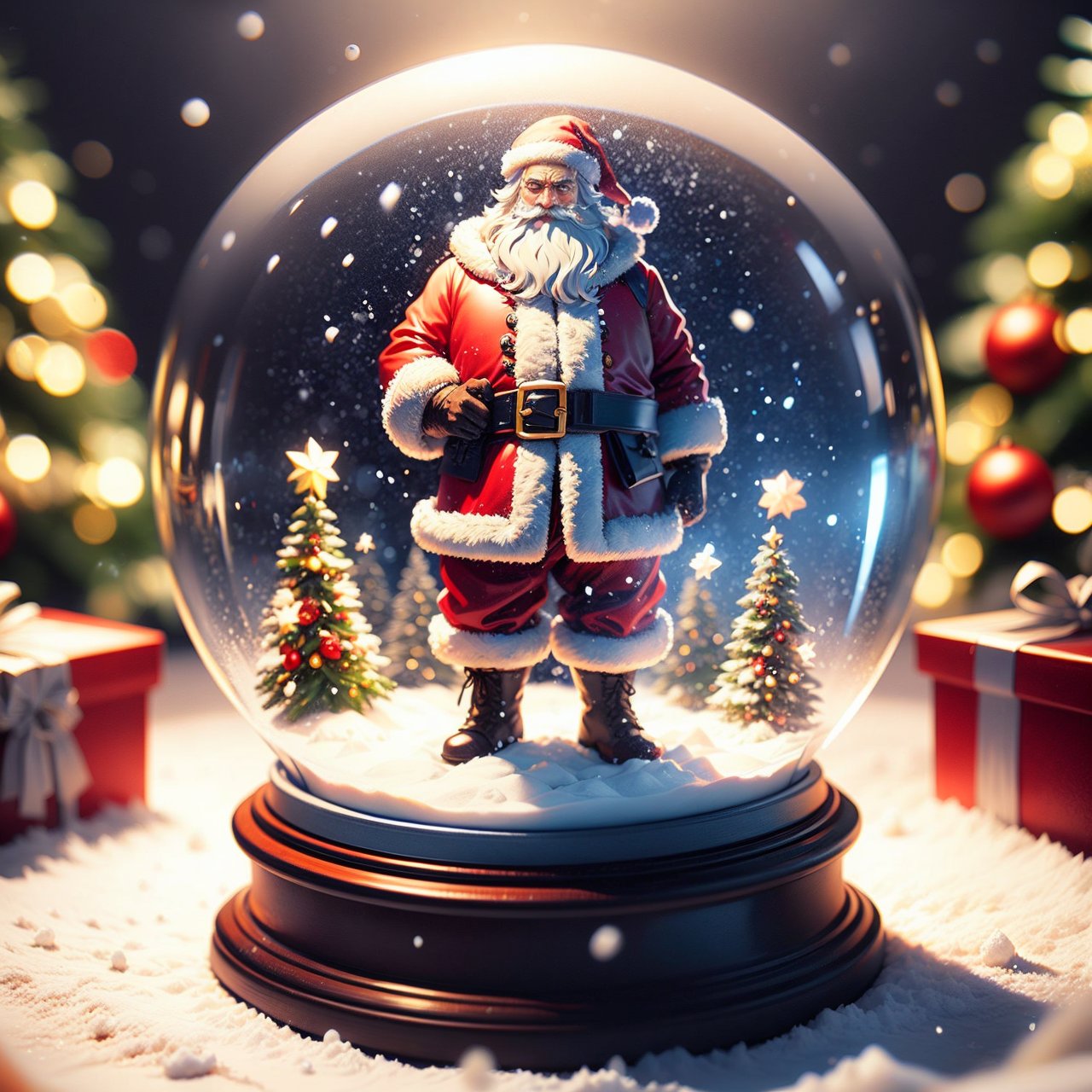  best quality, hight detailed, ultra realistic,  nature, Snow Globe, Christmas style, Santa Clause standing, look at viewer