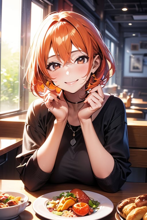 ((masterpiece, best quality, ultra-detailed, very fine 8KCG wallpapers)), 1girl, solo, kawaii, smile, large breasts, orange hair, short hair, brown eyes, foods, diner, nice hands, perfect hands,