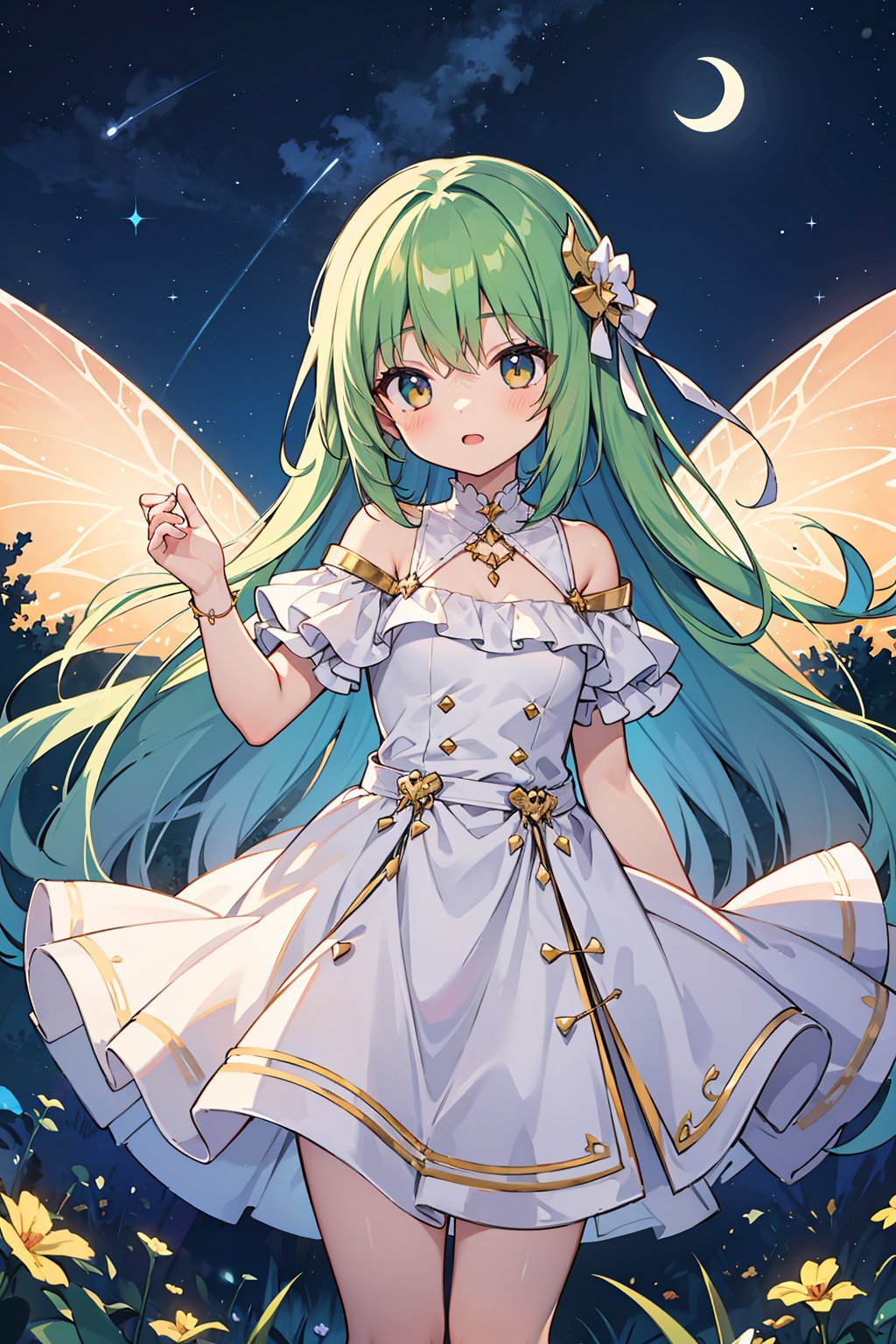 (absurdres, highres, ultra detailed, high resolution: 1.1)
BREAK
1 girl, solo, wide angle,
BREAK
long green hair, bright gold eyes,
BREAK
fairy wings, long nature dress,
BREAK
floating, forest, night sky, stars, crescent moon, looking at viewer,
BREAK
nice hands, perfect hands,
