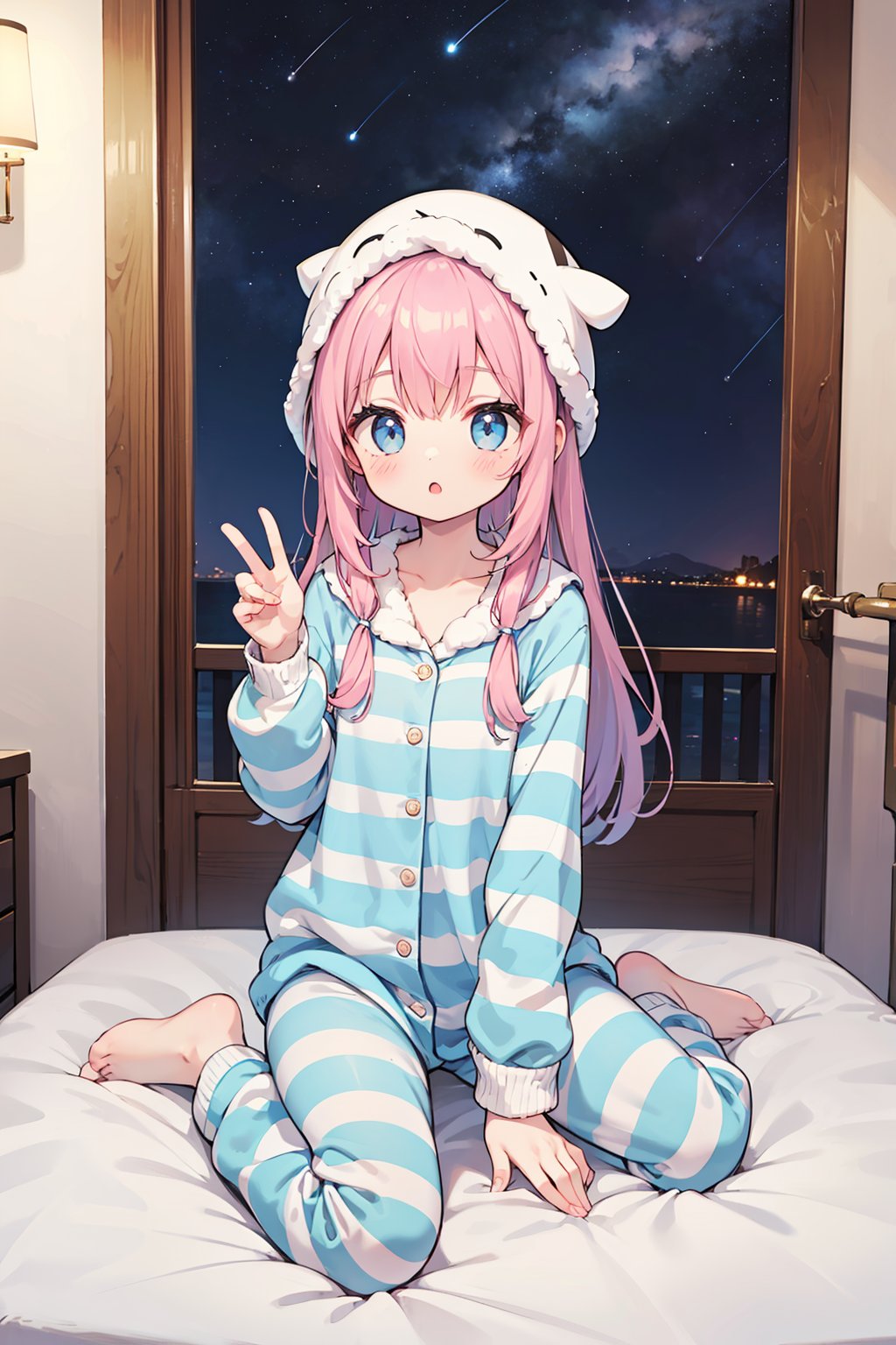 (absurdres, highres, ultra detailed, high resolution: 1.1)
BREAK
1 girl, solo, full body, wide angle,
BREAK
long hair, sleepy eyes, :o,
BREAK
striped pink blue pajamas and pants onesie, striped socks, striped knit night cap,
BREAK
sitting, bed, bedroom, window, night, galaxy, saturn, shooting stars,
BREAK
nice hands, perfect hands,