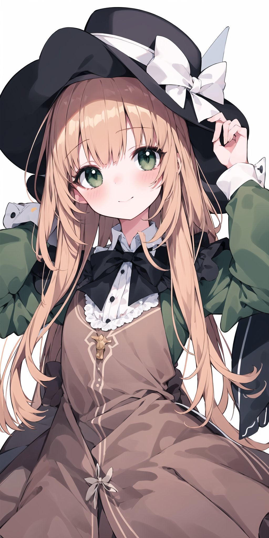(best quality, masterpiece), (eye focus, face, close-up:0.5), blush, (smile:0.7), 1girl, solo focus, bangs, white background, dutch angle, side, head tilt, hat,bow, slender , (victorian, green theme:0.8), (:0.8), , , from below
