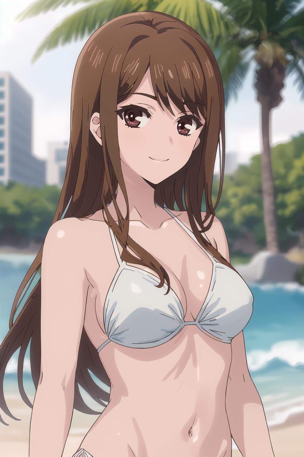 <lora:Ayane_OF:1> ayanedef, brown hair, brown eyes, long hair, looking at viewer, upper body, standing, bikini, side-tie bikini bottom, lace, light smile, masterpiece, best quality,