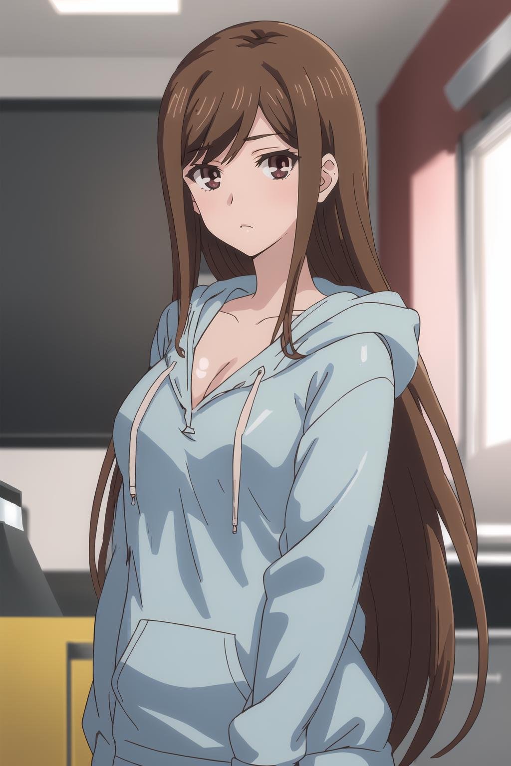 <lora:Ayane_OF:1> ayanedef, brown hair, brown eyes, long hair, looking at viewer, upper body, standing, hood down, hoodie, arms at sides, cleavage, masterpiece, best quality,