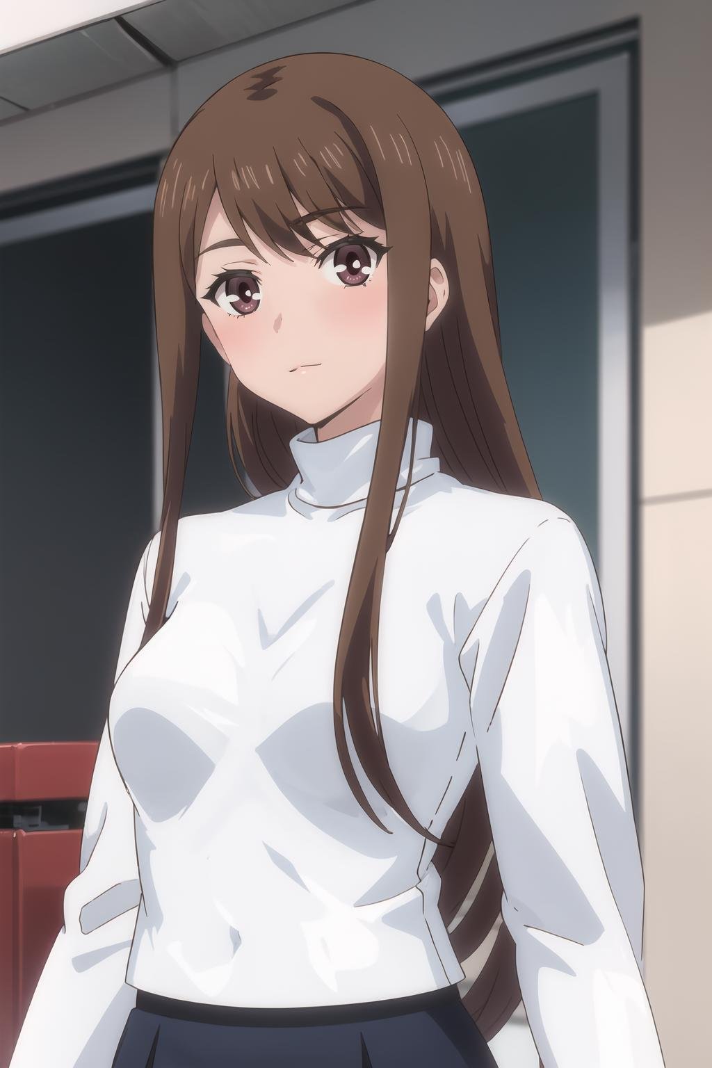 <lora:Ayane_OF:1> ayanedef, brown hair, brown eyes, long hair, looking at viewer, upper body, standing, white turtleneck, black skirt,long sleeves, light smile, closed mouth, arms at sides, masterpiece, best quality,