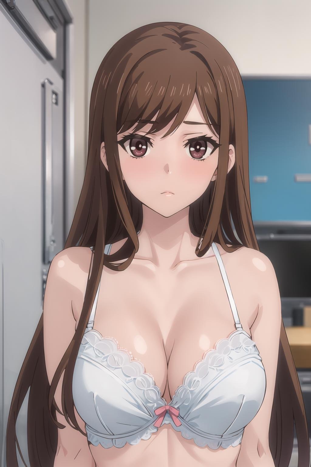 <lora:Ayane_OF:1> ayanedef, brown hair, brown eyes, long hair, looking at viewer, upper body, standing, bra, lace, portrait, no pants, masterpiece, best quality,