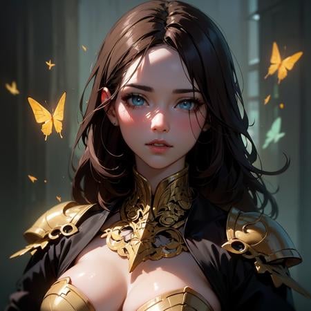 8k portrait of beautiful cyborg with brown hair, intricate, elegant, highly detailed, majestic, digital photography, art by artgerm and ruan jia and greg rutkowski surreal painting gold butterfly filigree, broken glass, (masterpiece, sidelighting, finely detailed beautiful eyes: 1.2), hdr,