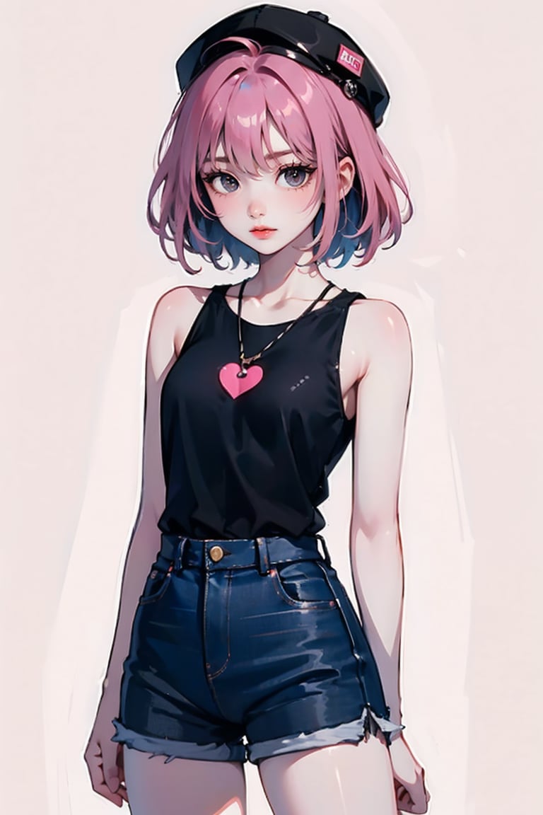 1girl, solo, looking at viewer, pink hair, short hair, shorts jean, late shirt, hat,girl,black short sleeveless dress, sarashi,SharpEyess,sticker design,breakdomain,see through