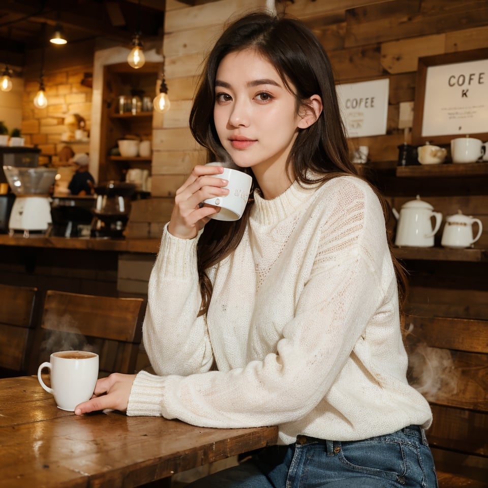 (8k, highest quality, ultra detailed:1.37), (Janette), 18yo, (a cozy Afrikaner college girl), enjoys a warm cup of coffee in a charming coffee shop. Dressed in a cozy Sweater and Jeans, she radiates comfort and relaxation. The high-resolution image captures ultra-detailed realism, emphasizing Janette's captivating eyes, long eyelashes, and flawless complexion. The cozy coffee shop ambiance, with rustic decor and steaming mugs, adds to the inviting atmosphere, creating a visually stunning representation of Janette's coffee shop coziness.