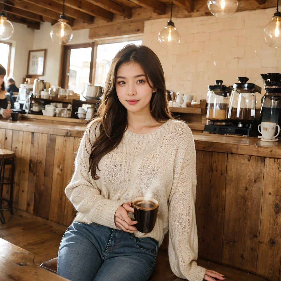 (8k, highest quality, ultra detailed:1.37), (Janette), 18yo, (a cozy Afrikaner college girl), enjoys a warm cup of coffee in a charming coffee shop. Dressed in a cozy Sweater and Jeans, she radiates comfort and relaxation. The high-resolution image captures ultra-detailed realism, emphasizing Janette's captivating eyes, long eyelashes, and flawless complexion. The cozy coffee shop ambiance, with rustic decor and steaming mugs, adds to the inviting atmosphere, creating a visually stunning representation of Janette's coffee shop coziness.