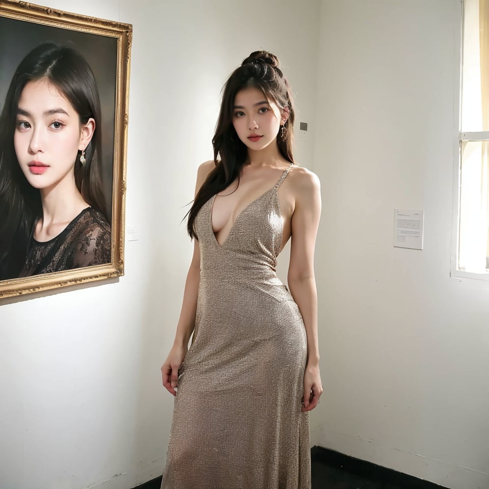 (8k, highest quality, ultra detailed:1.37), (Janette), 18yo, (an elegant Afrikaner college girl), explores an art gallery with grace and poise. Dressed in a sophisticated Dress and Heels, she admires the artwork with a discerning eye. The high-resolution image captures ultra-detailed realism, highlighting Janette's captivating eyes, long eyelashes, and flawless complexion. The art gallery setting, with stunning artworks and soft lighting, adds to the artistic ambiance, creating a visually stunning representation of Janette as an art gallery muse.