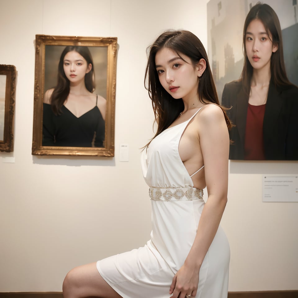 (8k, highest quality, ultra detailed:1.37), (Janette), 18yo, (an elegant Afrikaner college girl), explores an art gallery with grace and poise. Dressed in a sophisticated Dress and Heels, she admires the artwork with a discerning eye. The high-resolution image captures ultra-detailed realism, highlighting Janette's captivating eyes, long eyelashes, and flawless complexion. The art gallery setting, with stunning artworks and soft lighting, adds to the artistic ambiance, creating a visually stunning representation of Janette as an art gallery muse.