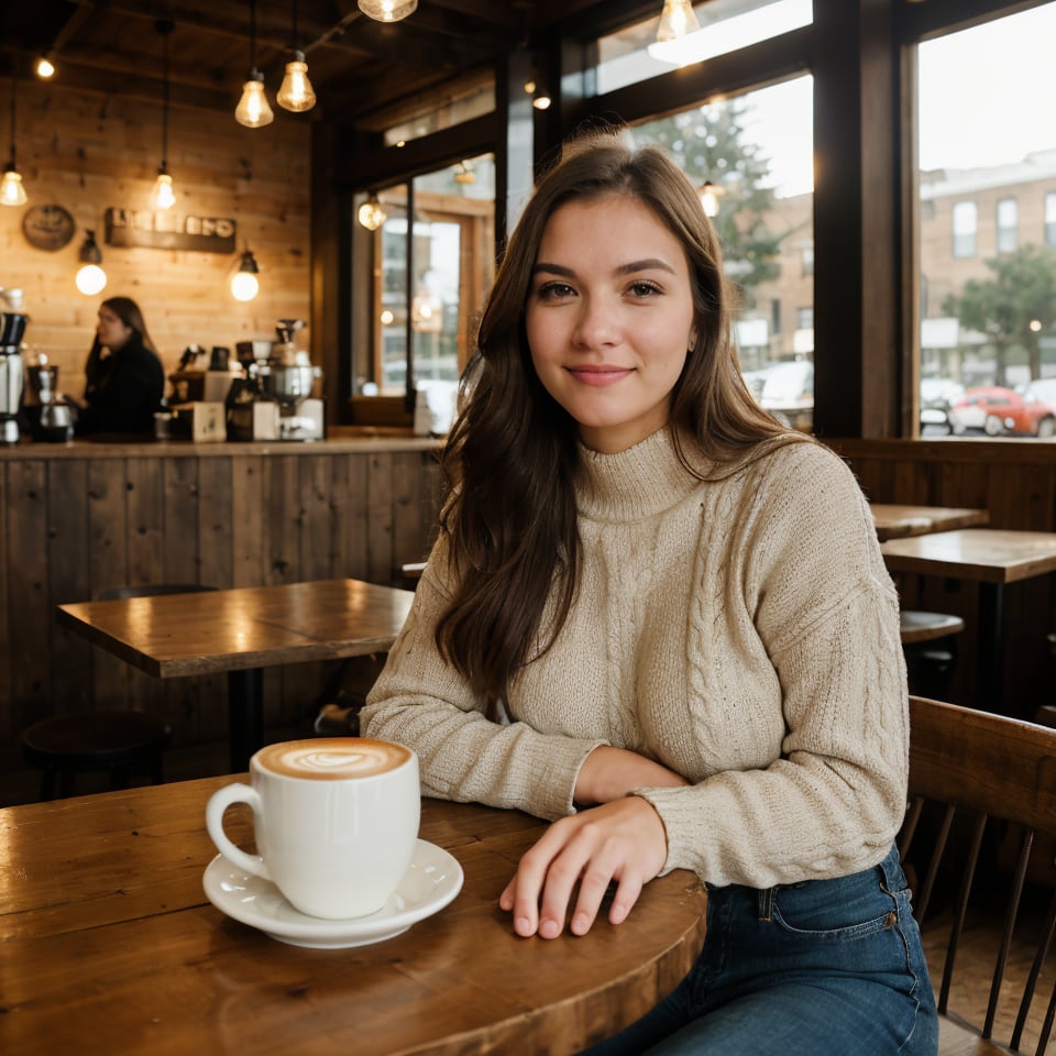 (8k, highest quality, ultra detailed:1.37), (Janette), 18yo, (a cozy Afrikaner college girl), enjoys a warm cup of coffee in a charming coffee shop. Dressed in a cozy Sweater and Jeans, she radiates comfort and relaxation. The high-resolution image captures ultra-detailed realism, emphasizing Janette's captivating eyes, long eyelashes, and flawless complexion. The cozy coffee shop ambiance, with rustic decor and steaming mugs, adds to the inviting atmosphere, creating a visually stunning representation of Janette's coffee shop coziness.