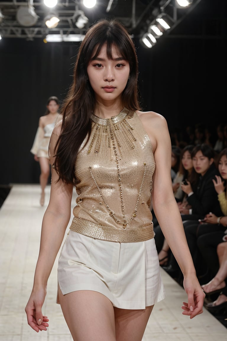 (8k, highest quality, ultra detailed:1.37), (Hana), 18yo, (a South Korean fashion model), struts confidently on the runway during a prestigious fashion week event. Dressed in a stunning designer ensemble, Hana's elegance and poise captivate the audience. The high-resolution image captures ultra-detailed realism, highlighting Hana's captivating eyes, flawless complexion, and fashionable hairstyle. The glamorous runway and stylish set design add to the visual appeal, creating a visually stunning representation of Hana's success in the fashion industry.