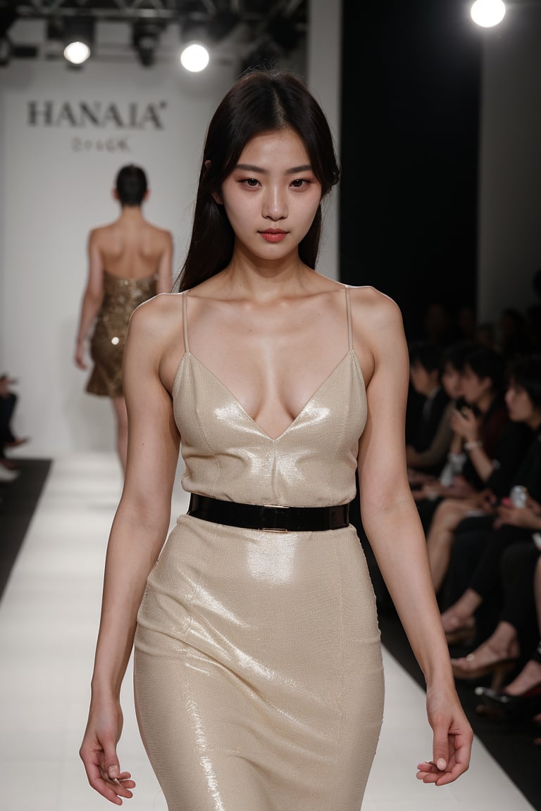 (8k, highest quality, ultra detailed:1.37), (Hana), 18yo, (a South Korean fashion model), struts confidently on the runway during a prestigious fashion week event. Dressed in a stunning designer ensemble, Hana's elegance and poise captivate the audience. The high-resolution image captures ultra-detailed realism, highlighting Hana's captivating eyes, flawless complexion, and fashionable hairstyle. The glamorous runway and stylish set design add to the visual appeal, creating a visually stunning representation of Hana's success in the fashion industry.