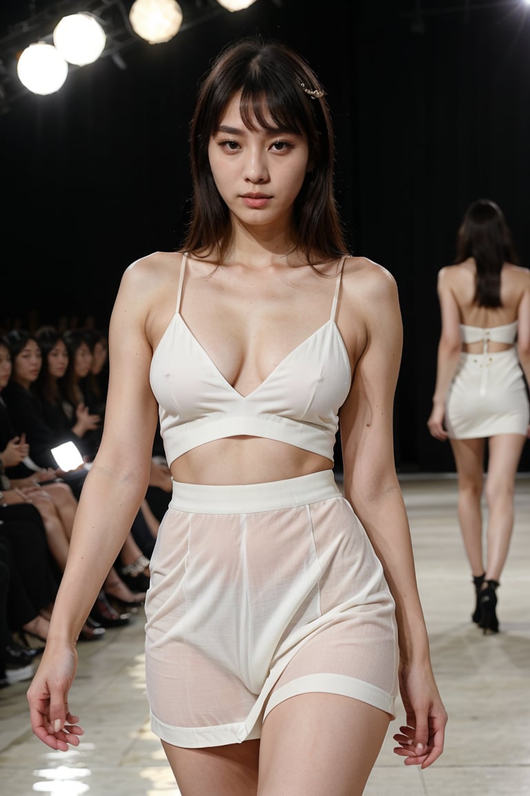 (8k, highest quality, ultra detailed:1.37), (Hana), 18yo, (a South Korean fashion model), struts confidently on the runway during a prestigious fashion week event. Dressed in a stunning designer ensemble, Hana's elegance and poise captivate the audience. The high-resolution image captures ultra-detailed realism, highlighting Hana's captivating eyes, flawless complexion, and fashionable hairstyle. The glamorous runway and stylish set design add to the visual appeal, creating a visually stunning representation of Hana's success in the fashion industry.